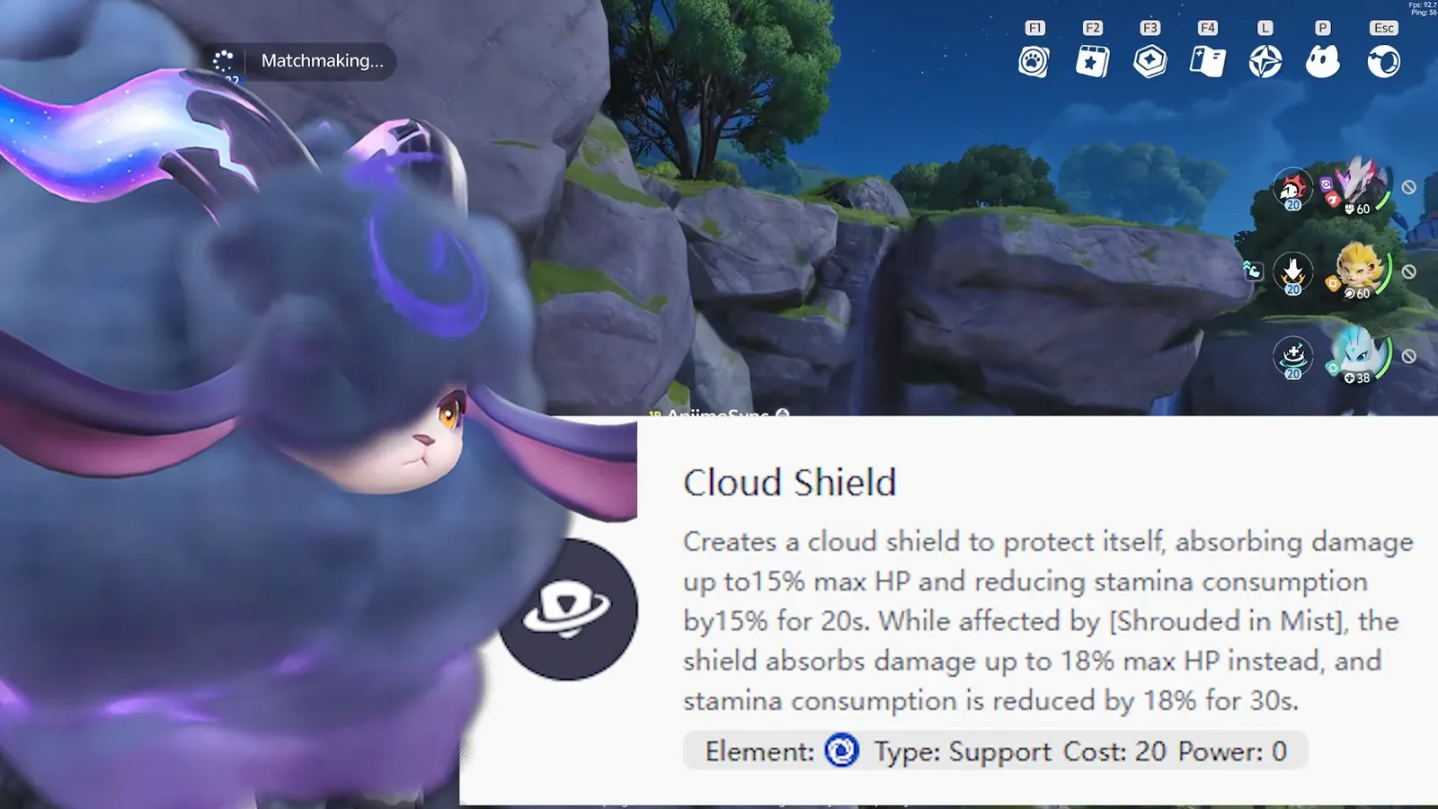 Turbo's Cloud Shield skill card: a shield absorbing damage up to 15% of max HP and cutting stamina use by 15% for 20 seconds, the opener of the early game rotation
