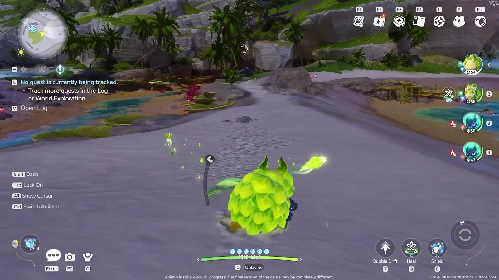 Bubbeep in Aniimo closed beta footage, a small bright green leafy creature on the shoreline of Whisperwake Isles with Bubble Drift, Heal and Shield in the skill bar