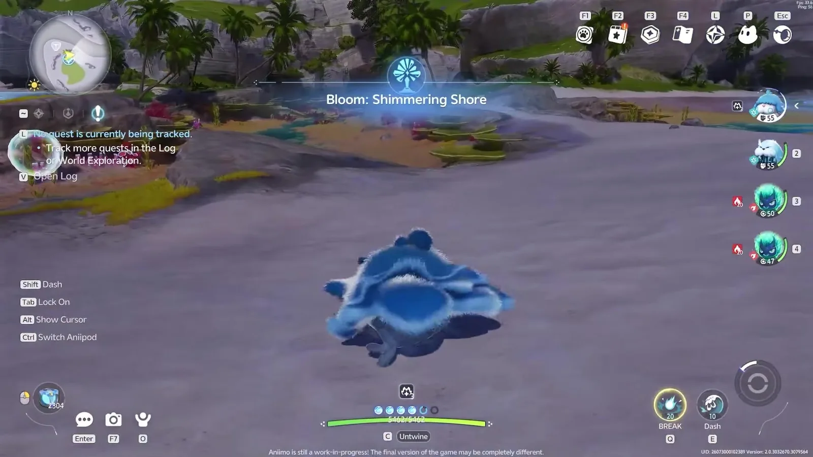 Cheekie in Aniimo closed beta footage, a round blue layered seal-like creature lying on wet sand beside a Bloom teleport point captioned Shimmering Shore