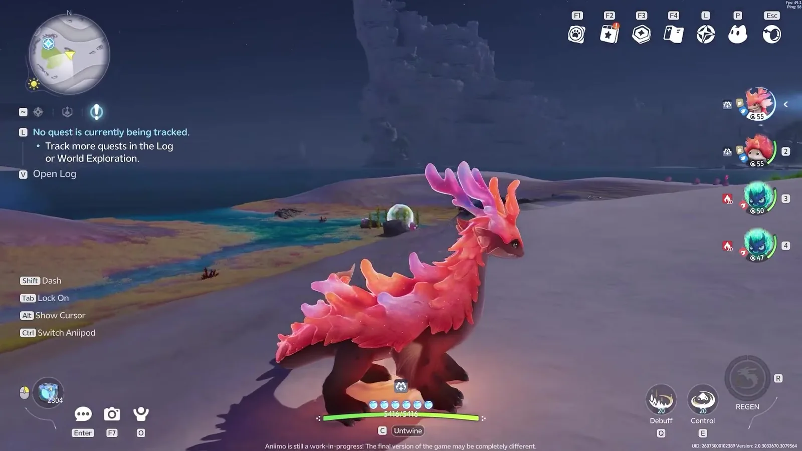 Coraliz in Aniimo closed beta footage, a large pink and coral quadruped with branching antlers standing on a beach, with the ultimate slot labelled REGEN in the corner
