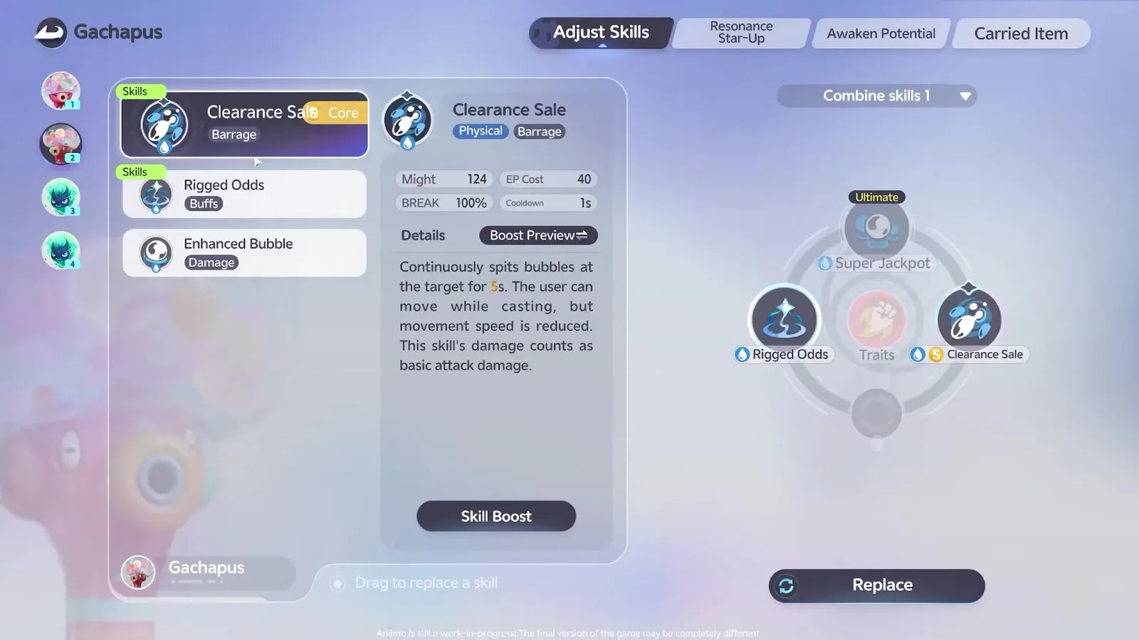 The Aniimo closed beta Adjust Skills screen for Gachapus, listing Clearance Sale tagged Core and Barrage, Rigged Odds tagged Buffs and Enhanced Bubble tagged Damage, with the Super Jackpot ultimate on the right
