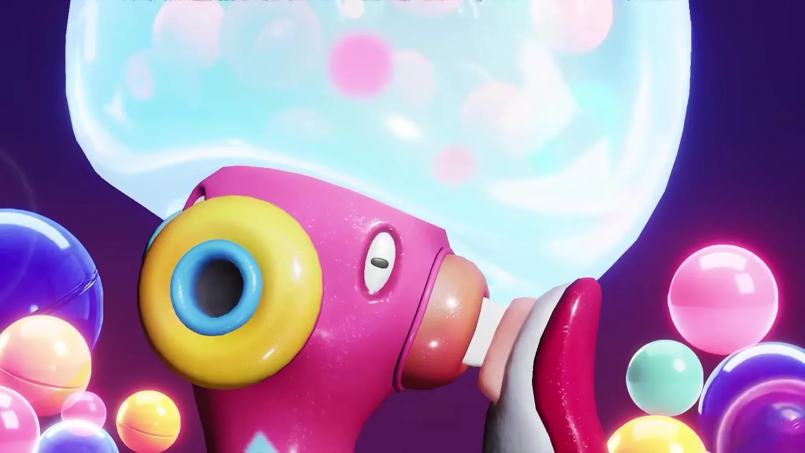 Close-up of Gachapus in Aniimo closed beta footage, showing the yellow and blue ring around its eye and the glass dome full of pastel capsules above its head