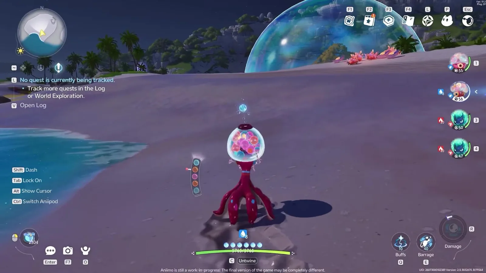 Gachapus in Aniimo closed beta footage, a deep pink octopus with a glass capsule machine for a head full of coloured capsules, standing on a night-time beach in Whisperwake Isles