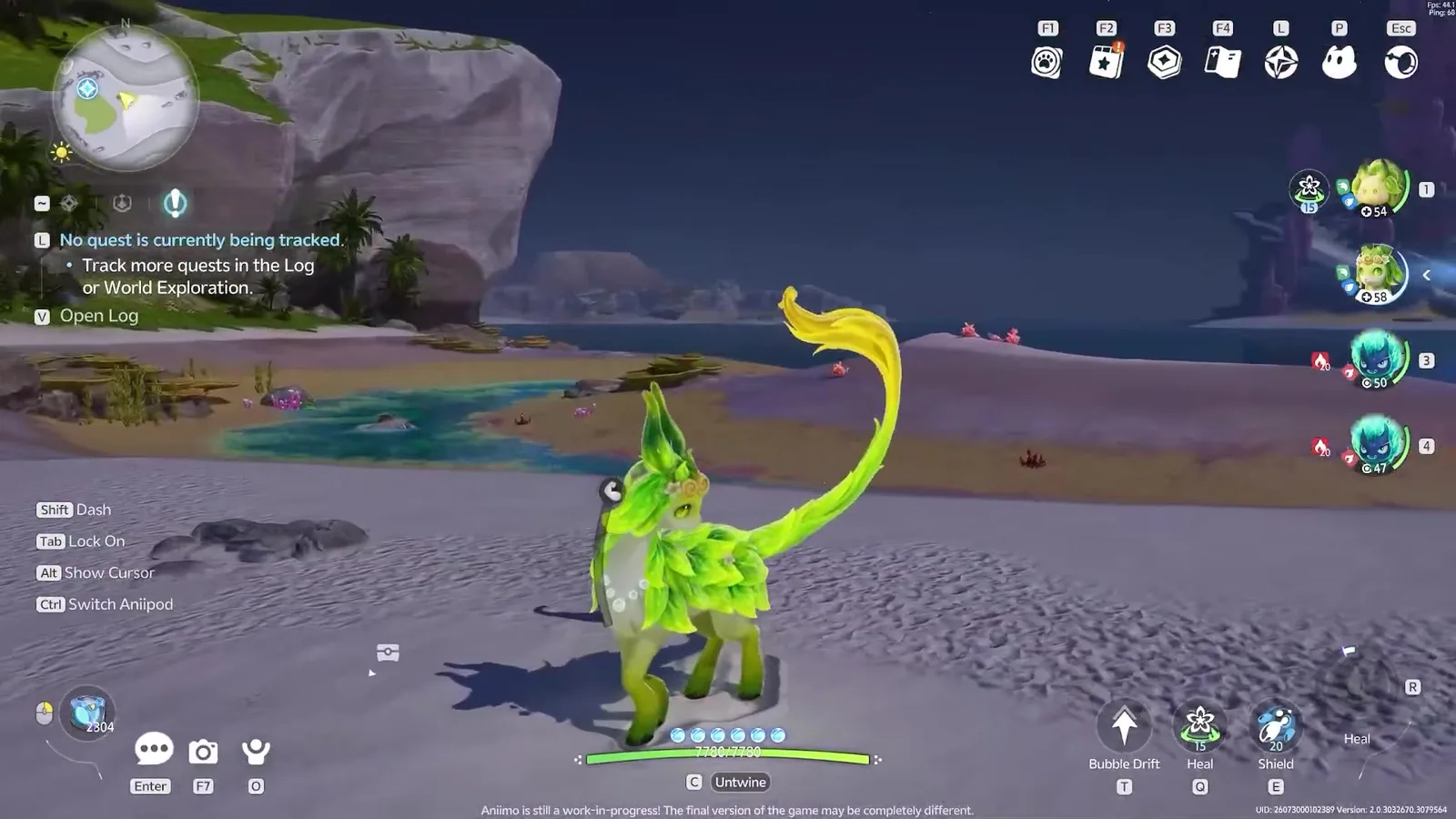 Glameep in Aniimo closed beta footage, a slender green leaf-feathered deer-like Aniimo with a long yellow tail walking along a beach