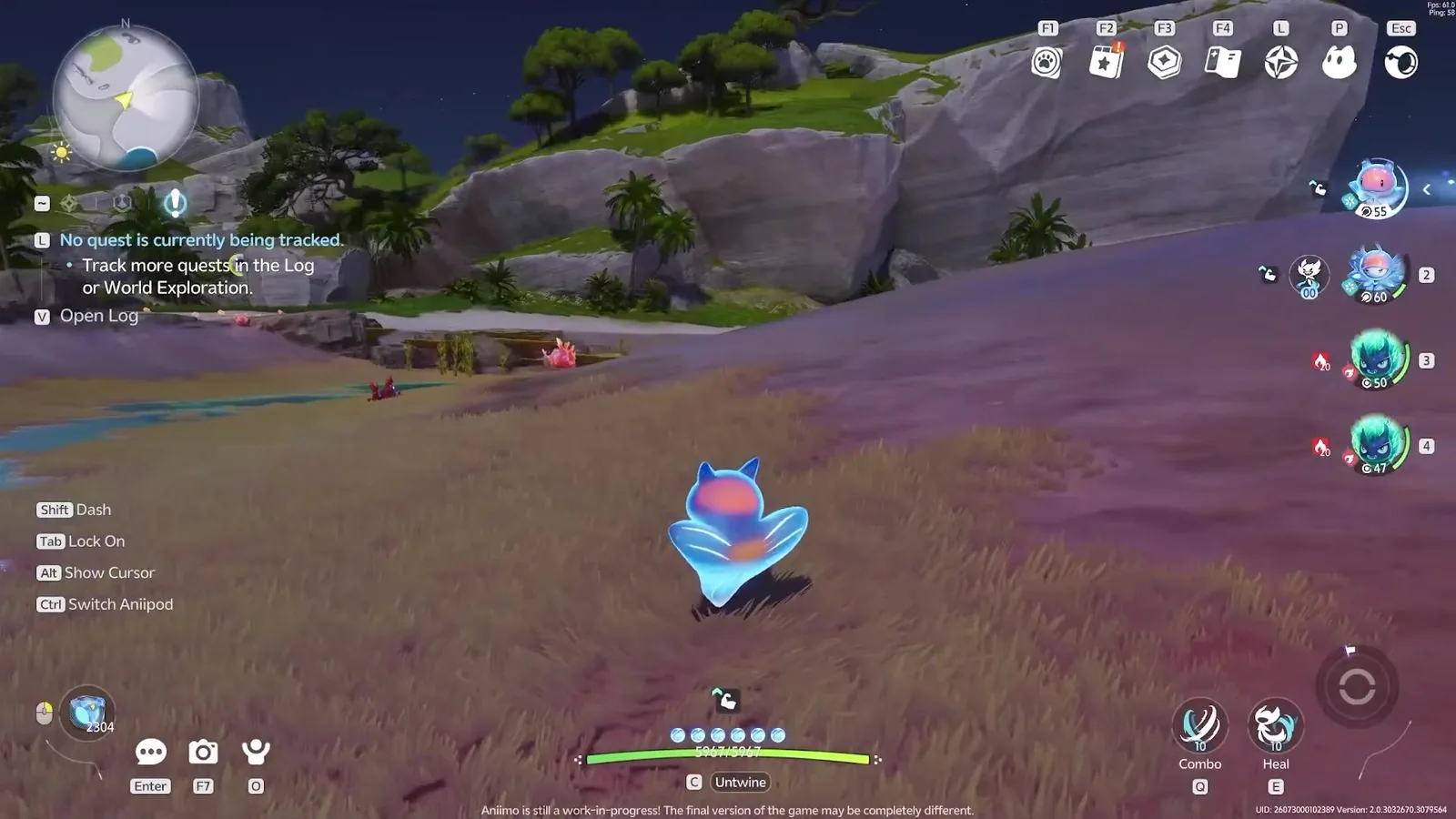Malangel in Aniimo closed beta footage, a small pale blue winged creature with orange markings standing in dry golden grassland on Whisperwake Isles at night