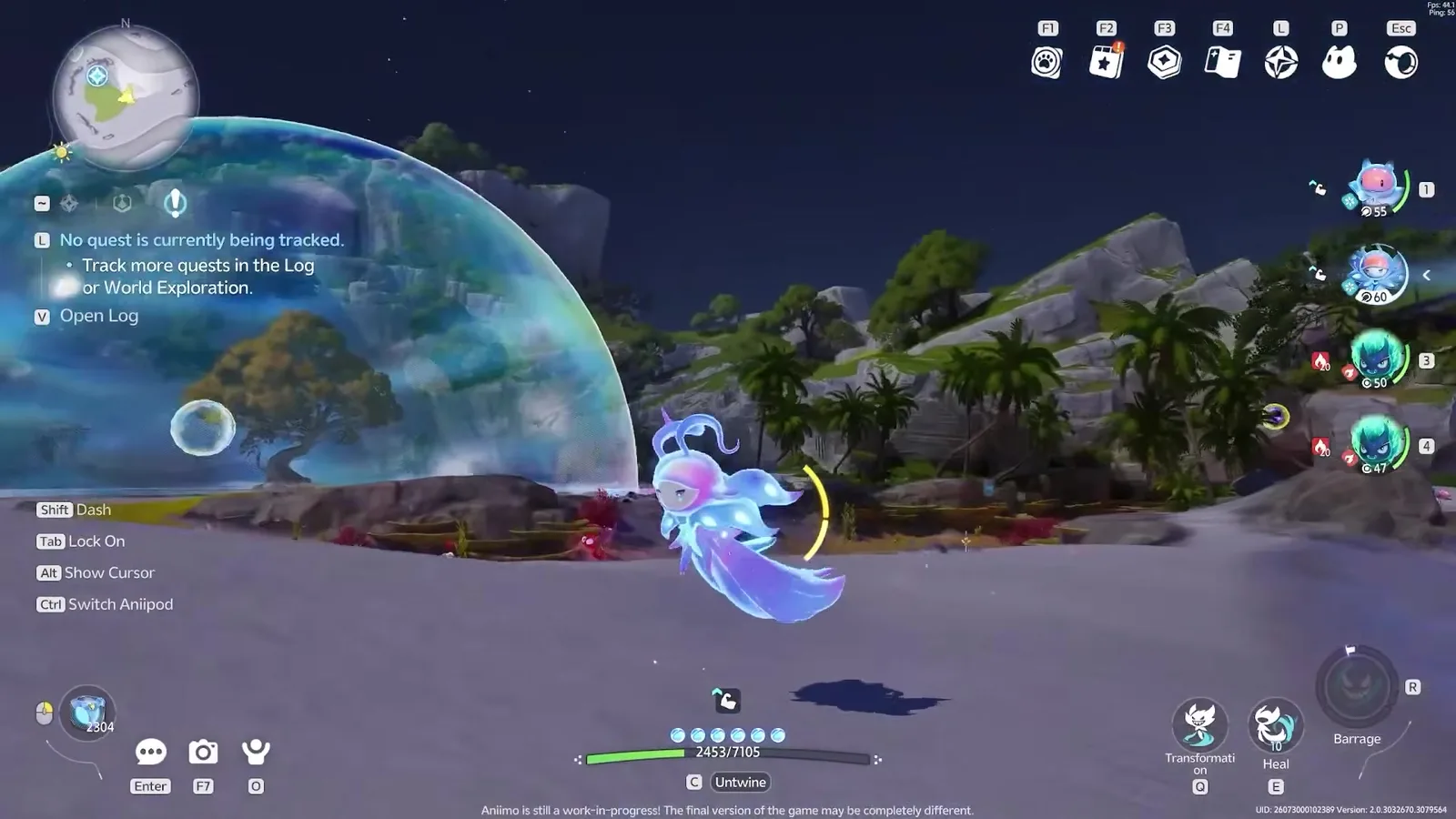 Malevsera in Aniimo closed beta footage, a translucent violet and pink winged creature hovering above the sand, with a huge translucent dome enclosing a lone tree behind it