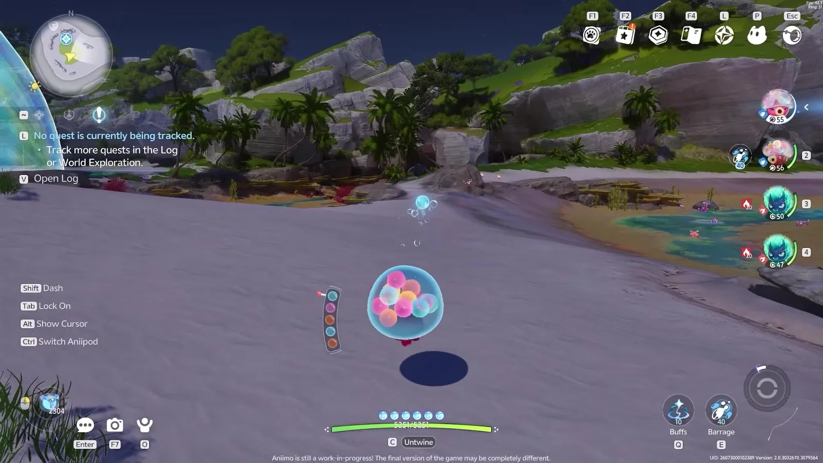Popapus in Aniimo closed beta footage, a small creature almost hidden under a large translucent bubble packed with pink, orange and blue capsules, on a beach in Whisperwake Isles
