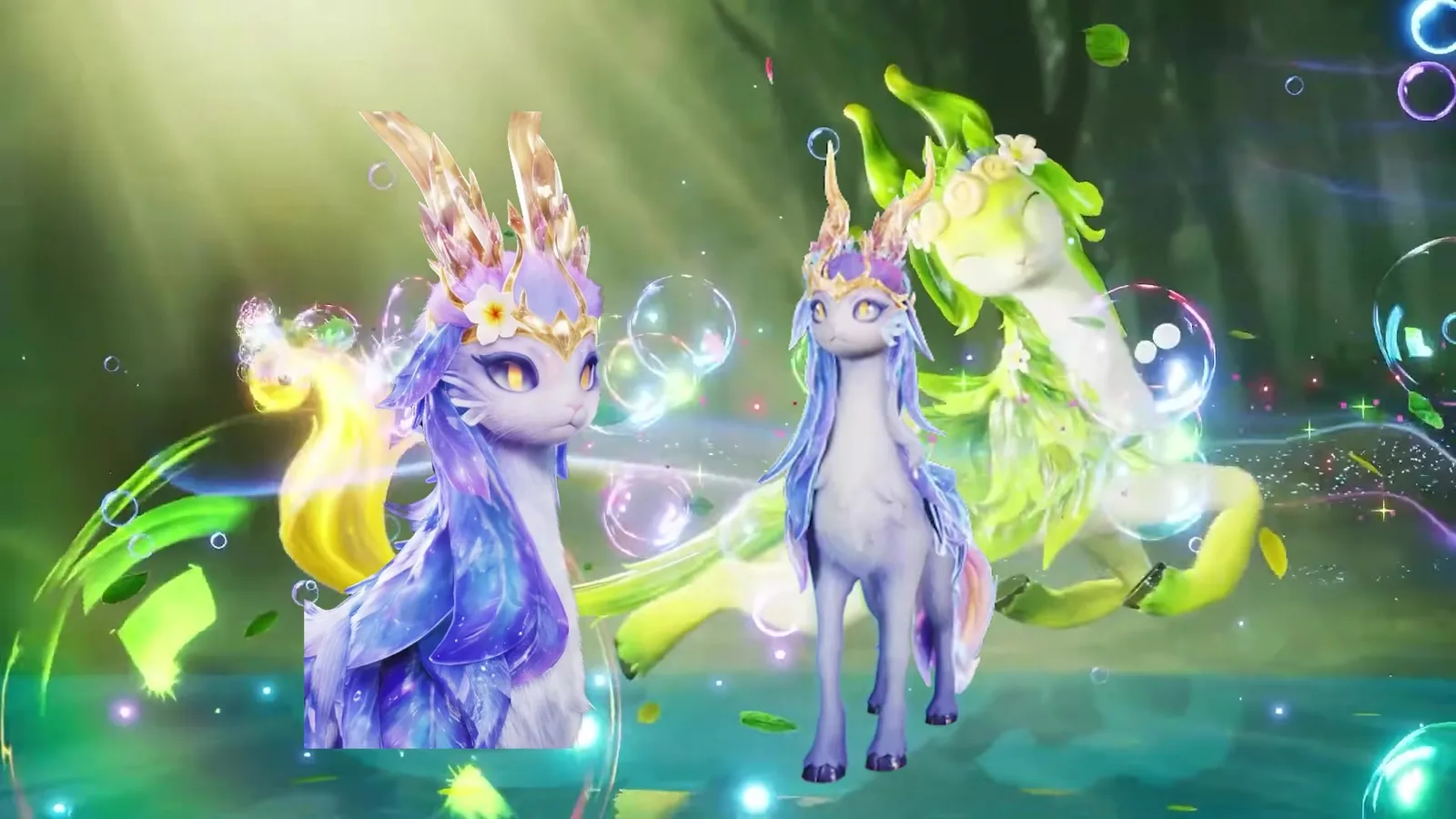 Prismana Form Glameep in Aniimo closed beta footage, crystalline blue and violet with a gold crown, standing beside the ordinary green Glameep in a bubble-filled cutscene