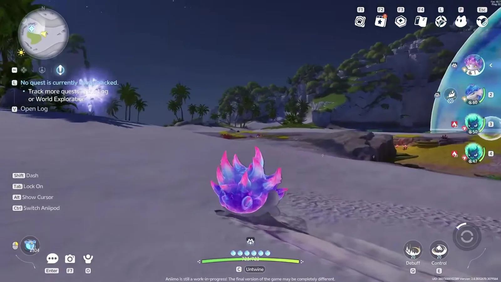 The Rainstorm Form of Reefish in Aniimo closed beta footage, the same coral creature rendered in violet and hot pink spines on a night beach