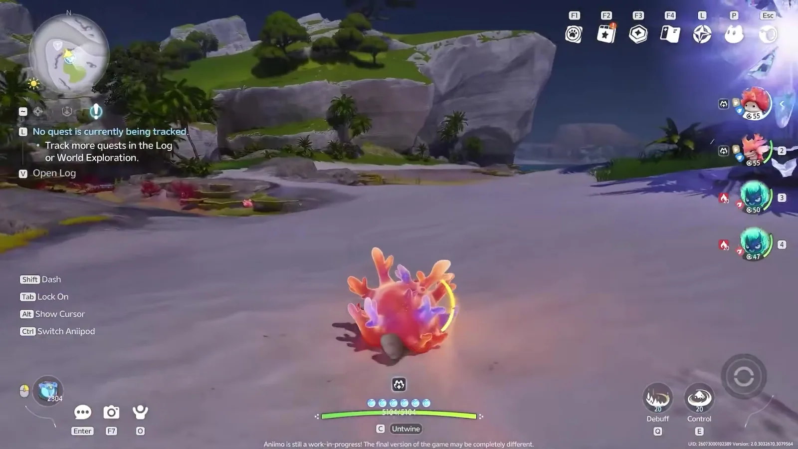 Reefish in Aniimo closed beta footage, a small orange and violet coral creature sitting on the sand of a Whisperwake Isles beach at night