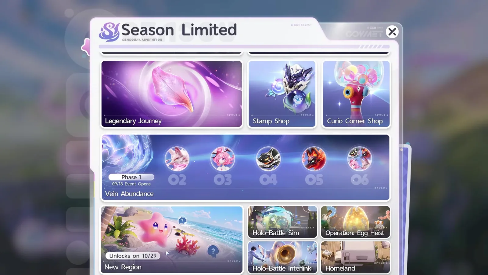 Aniimo’s Season Limited overview panel showing Legendary Journey, Stamp Shop, Curio Corner Shop, the six Vein Abundance phases, and a locked New Region tile with beach art reading Unlocks on 10/29