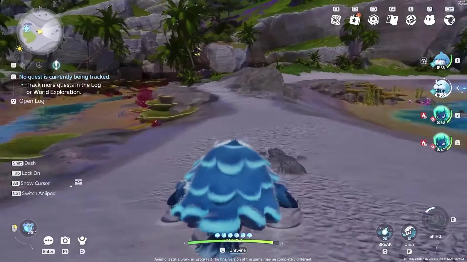 Wavwal in Aniimo closed beta footage, a large blue scaled walrus-like creature on the shoreline of Whisperwake Isles