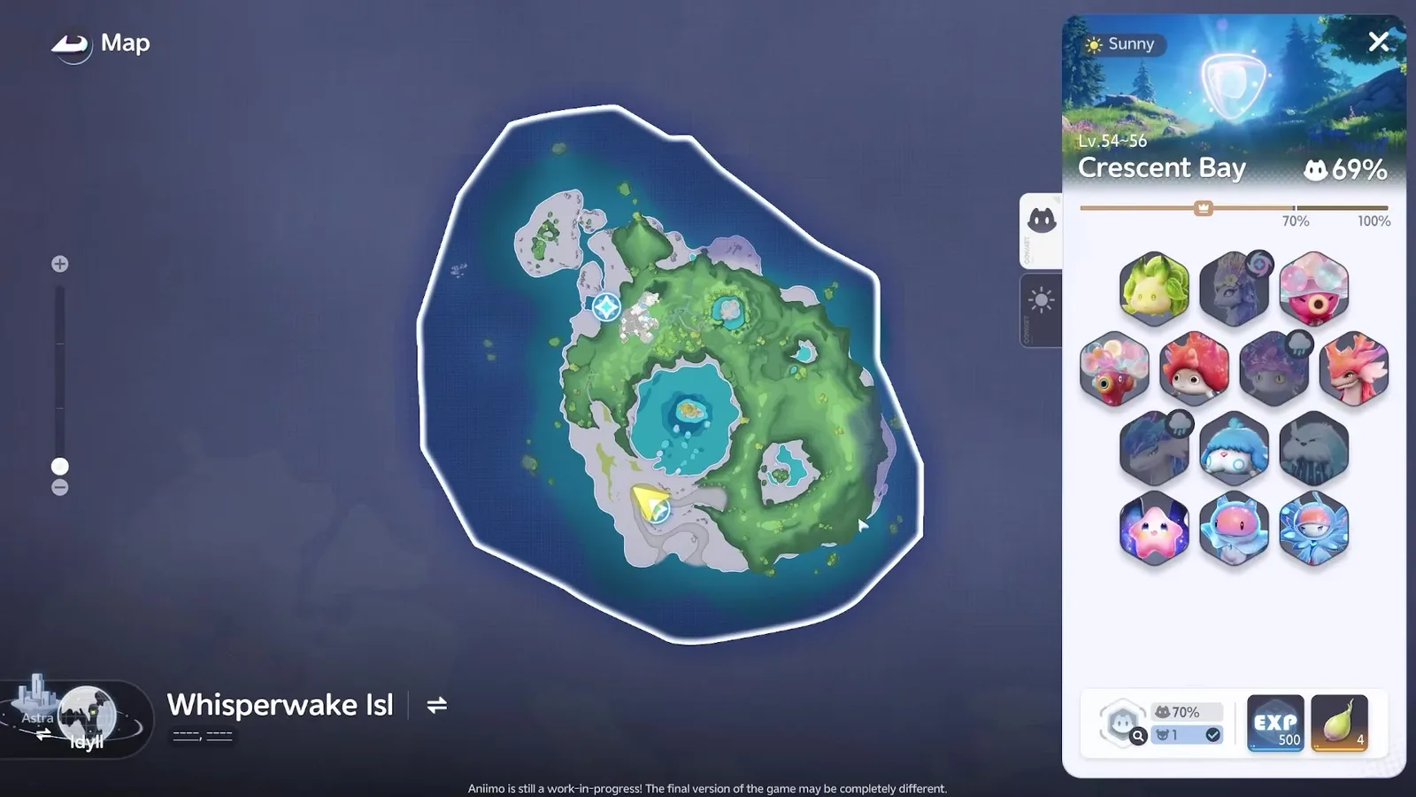 The Aniimo closed beta map showing the Whisperwake Isl region, a green island ringed by shallow water, with the Crescent Bay panel open at Lv.54~56 and 69 per cent completion over a grid of thirteen Aniimo tiles