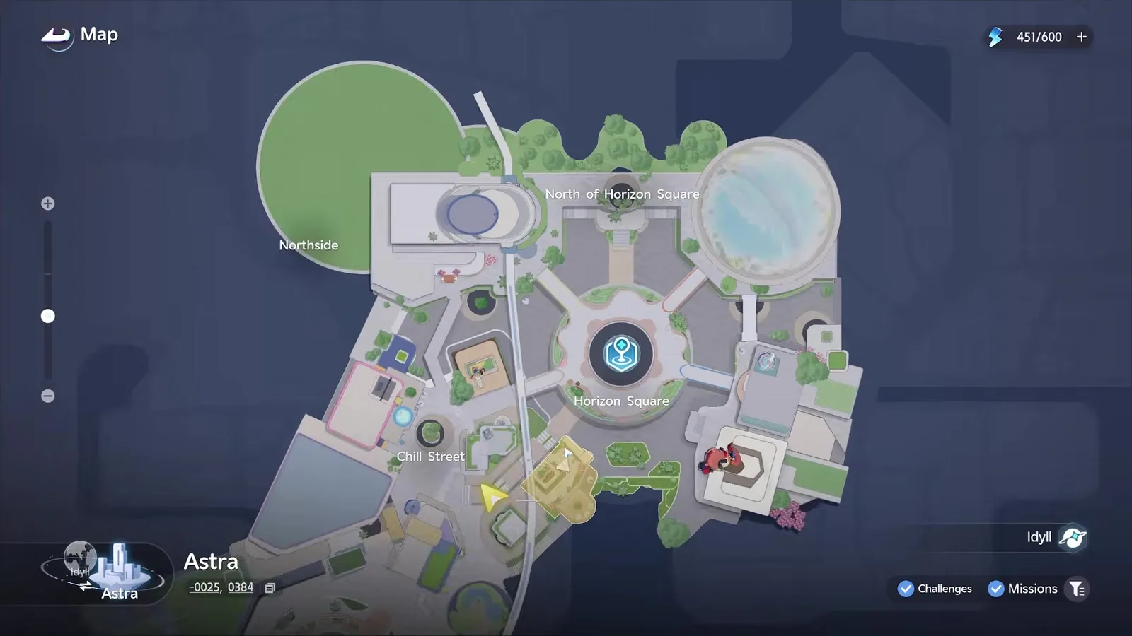 The Aniimo city map of Astra with Northside, North of Horizon Square, Horizon Square and Chill Street labelled, the player marker standing south of the square