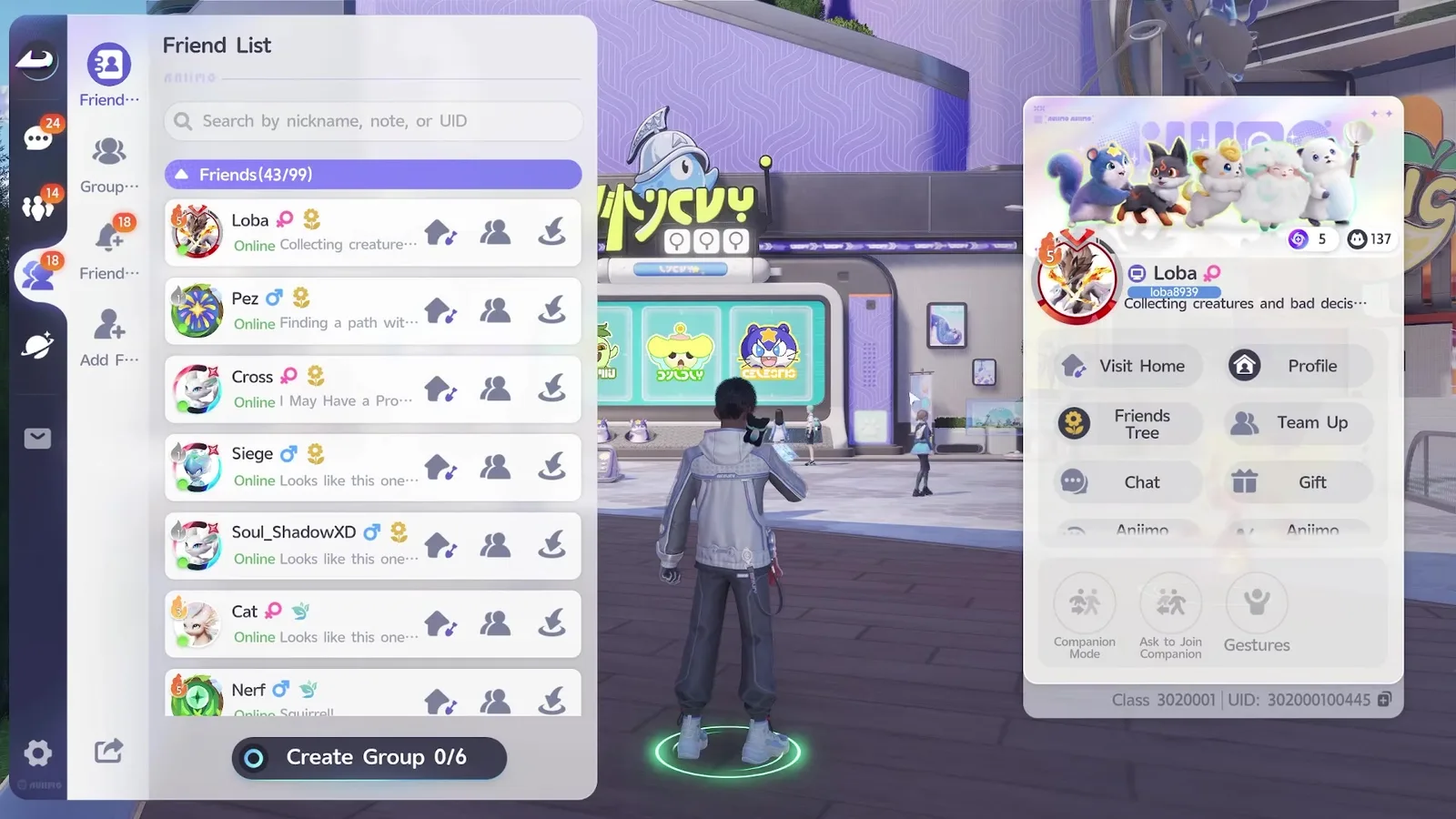 Loba’s friend card in Aniimo with Visit Home, Profile, Friends Tree, Team Up, Chat and Gift buttons, and a greyed out Companion Mode row below them