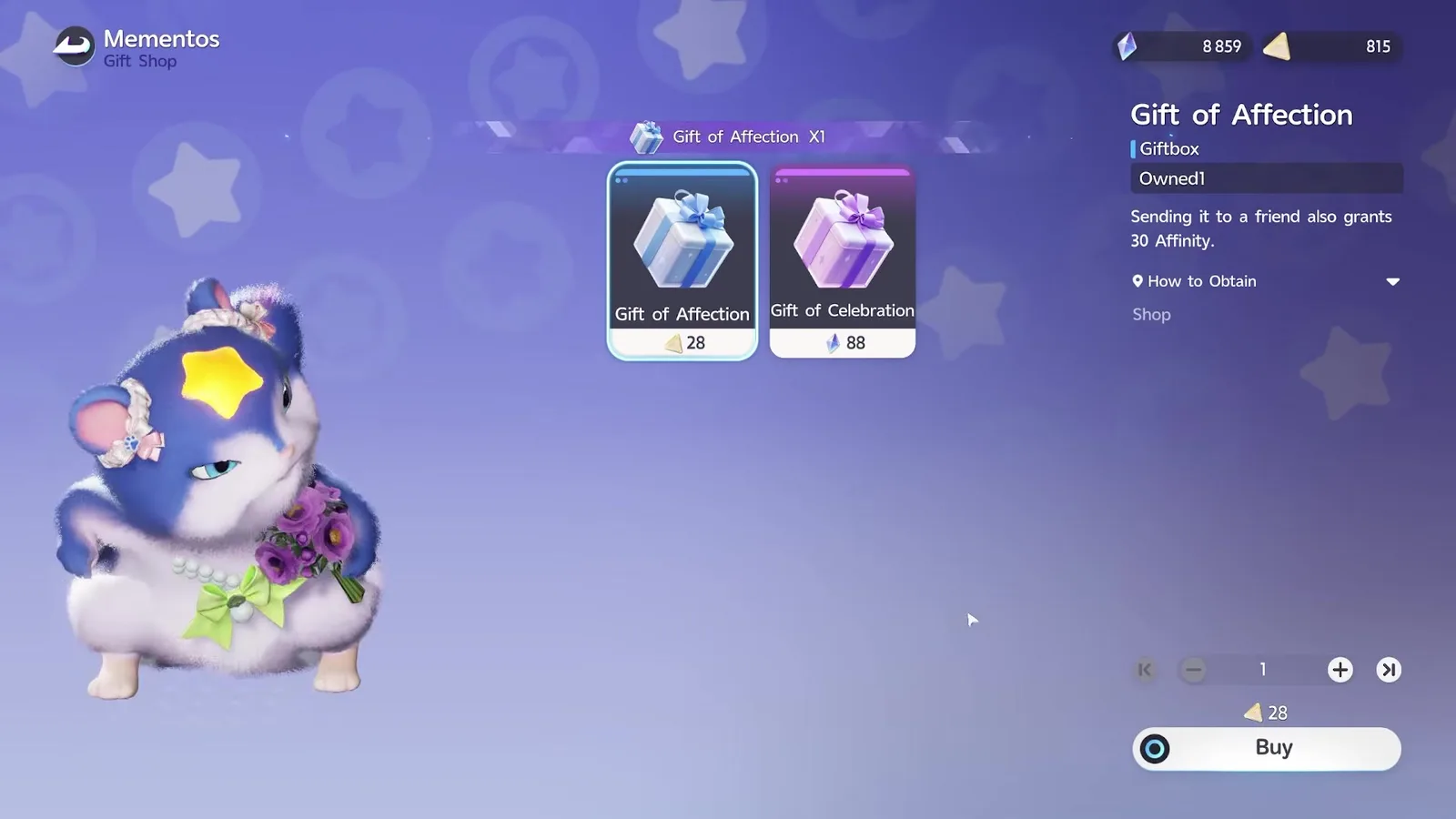 The Aniimo Mementos shop after a purchase, a Gift of Affection X1 banner across the screen, the item card reading Owned1 and the Voxel Coin wallet down to 815