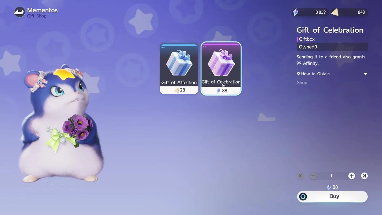 Gift of Celebration selected in Aniimo’s Mementos shop at 88 Glimmer, its card reading Sending it to a friend also grants 99 Affinity