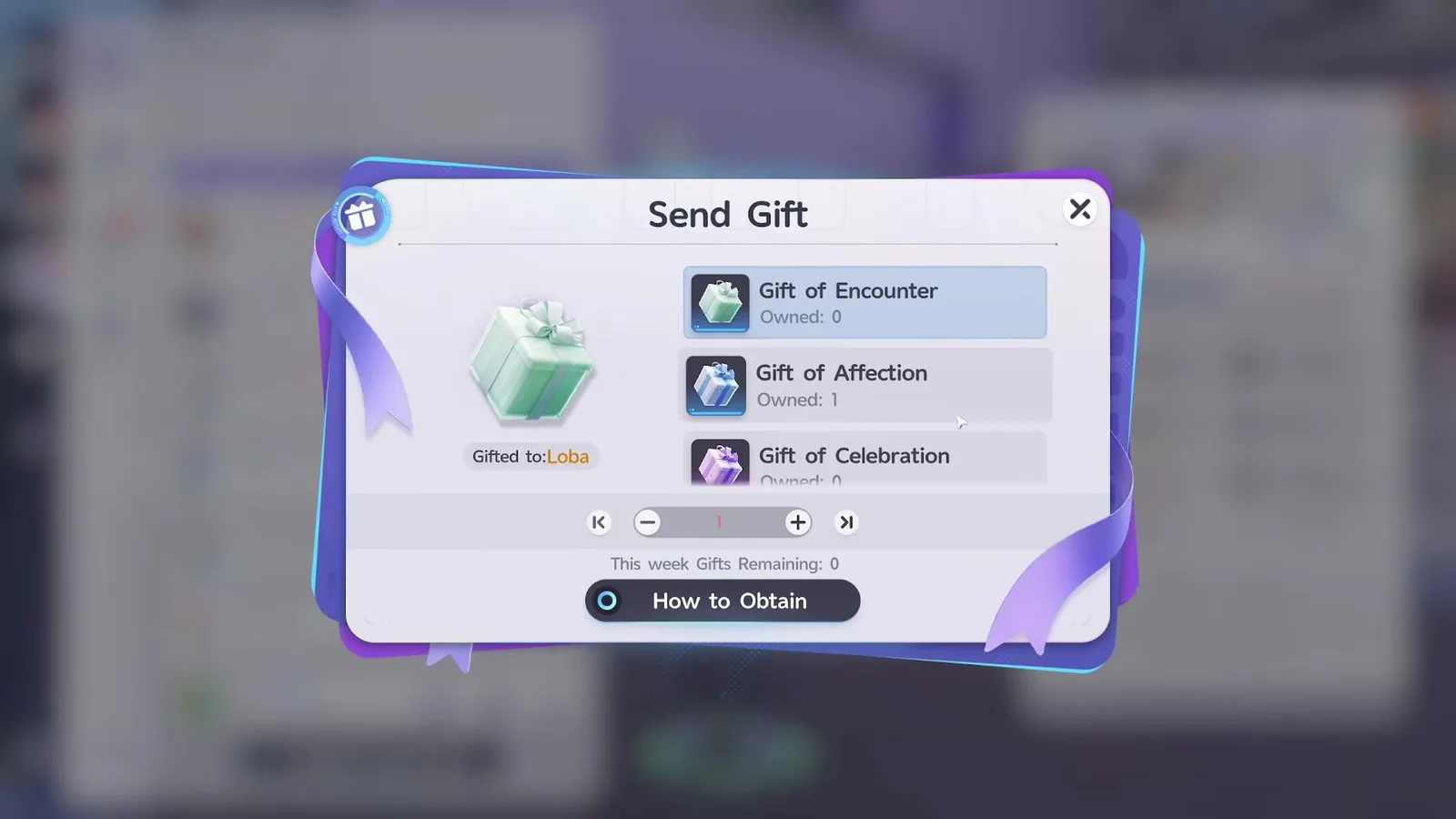 Aniimo’s Send Gift window with the green Gift of Encounter selected at Owned 0, the button at the bottom now reading How to Obtain instead of Send Gift