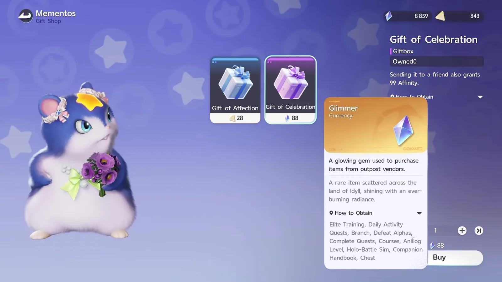 The Glimmer currency card in Aniimo reading a glowing gem used to purchase items from outpost vendors, above a How to Obtain list of ten sources