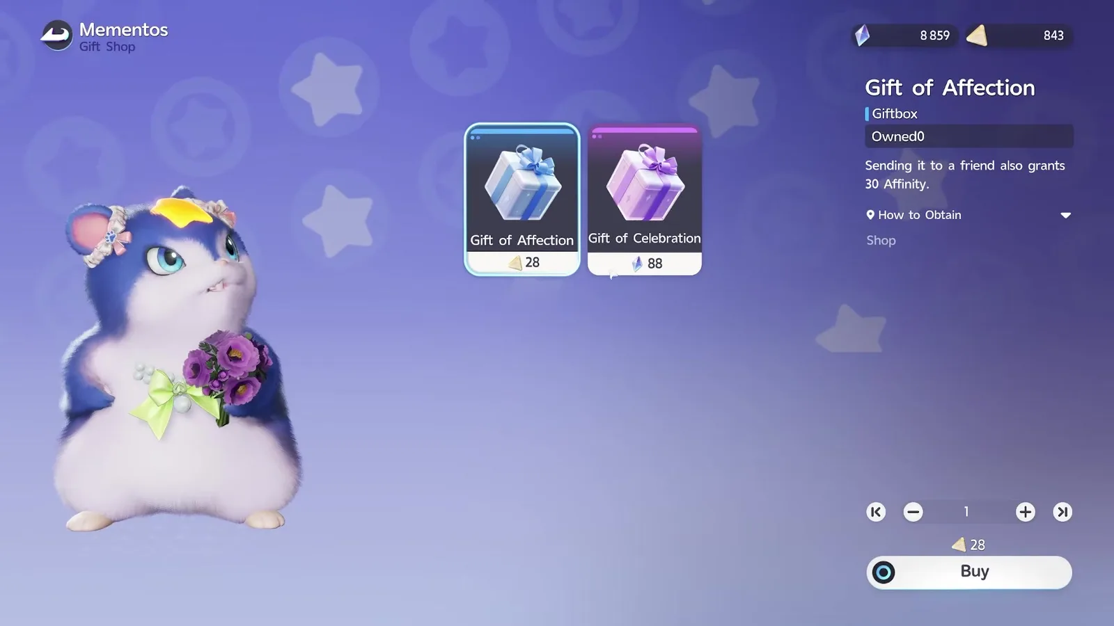 The Mementos Gift Shop in Aniimo with Gift of Affection selected at 28 Voxel Coins, the card reading Sending it to a friend also grants 30 Affinity