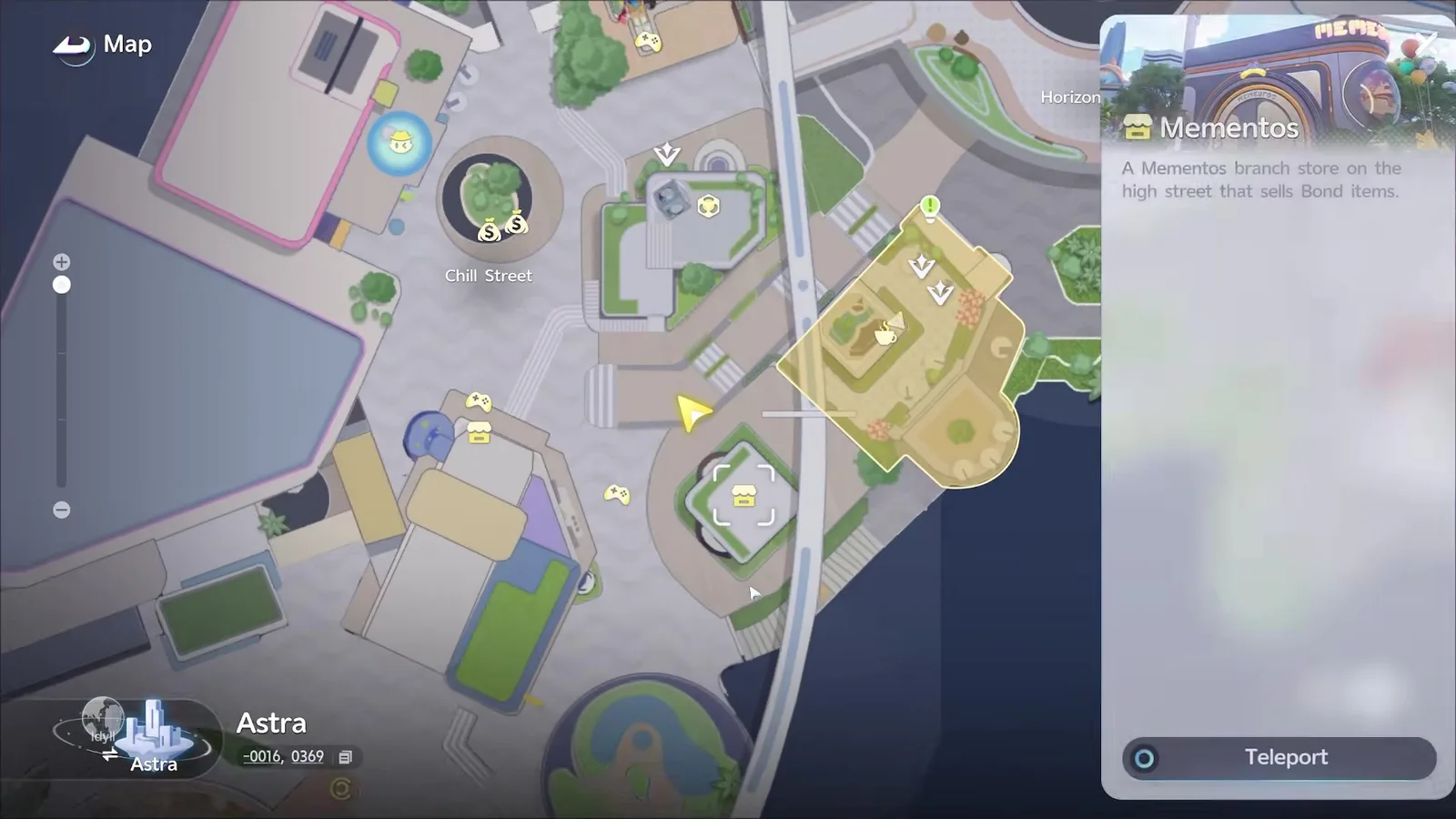 The Aniimo Astra map with the Mementos pin selected, its card reading A Mementos branch store on the high street that sells Bond items, above a Teleport button