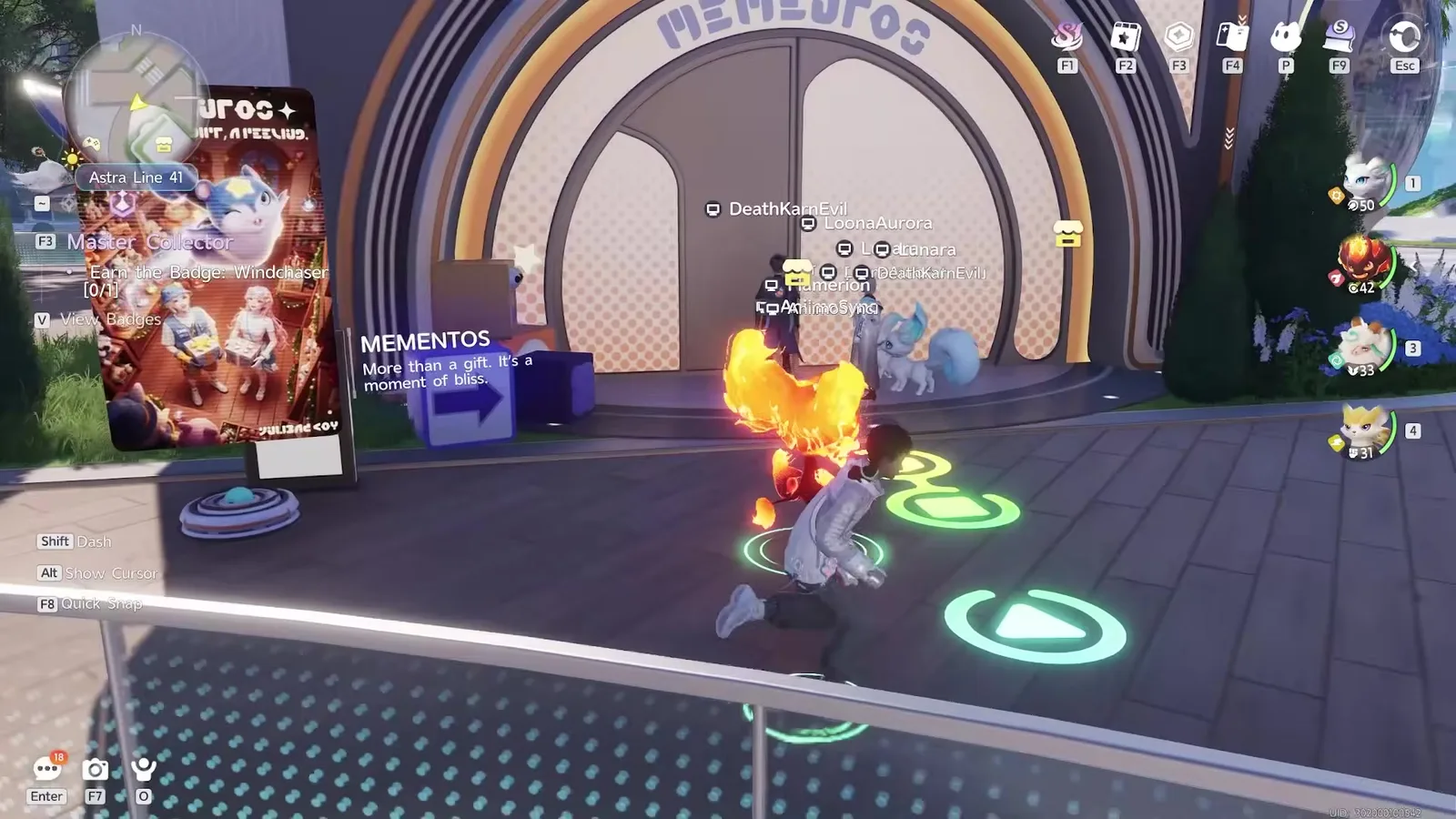 The Mementos storefront in Aniimo’s city of Astra, a round doorway under a MEMENTOS sign beside a standee reading More than a gift, it’s a moment of bliss