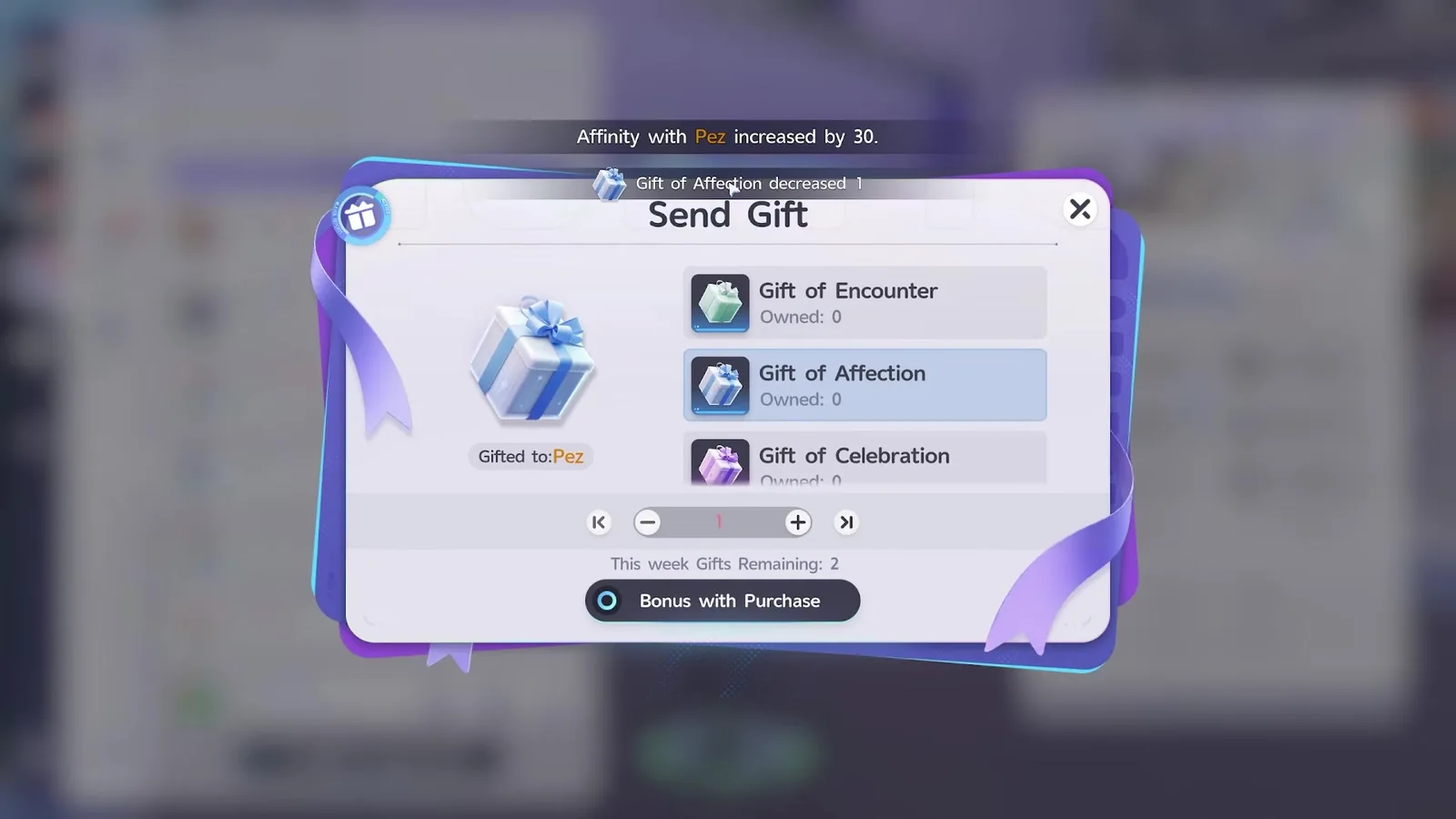 An Aniimo toast reading Affinity with Pez increased by 30 over the Send Gift window, the weekly counter now at 2 and the button reading Bonus with Purchase