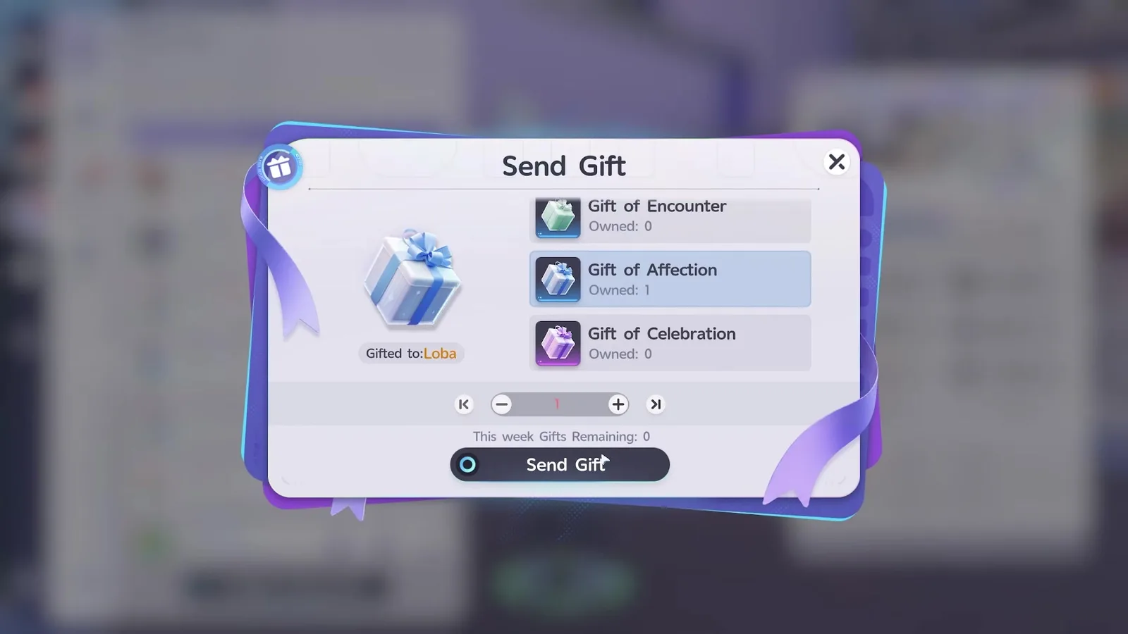 Aniimo’s Send Gift window addressed to Loba, listing Gift of Encounter, Gift of Affection and Gift of Celebration above a line reading This week Gifts Remaining 0