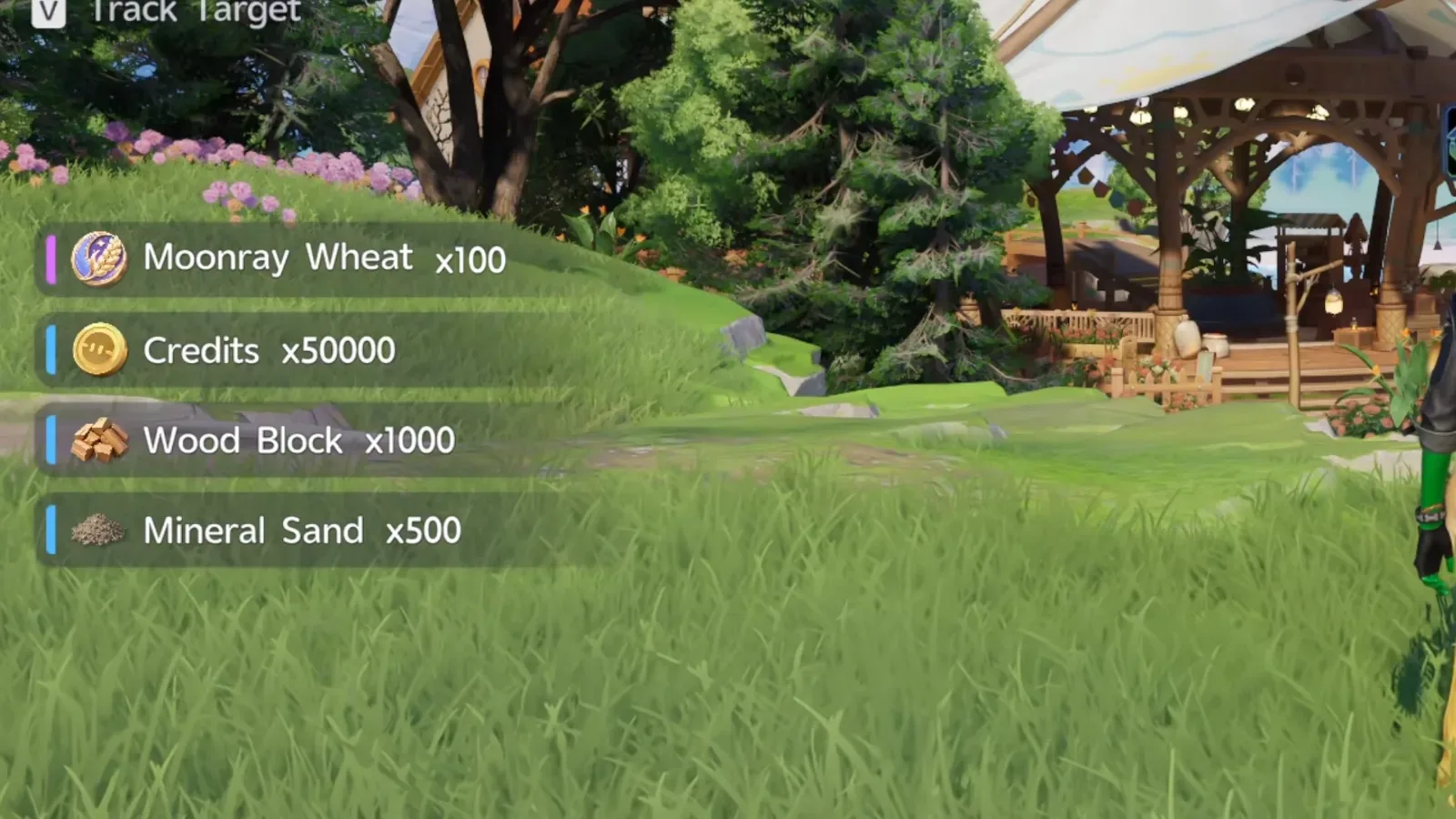 Aniimo Clear the Plot reward pop-up: Moonray Wheat x100, Credits x50000, Wood Block x1000 and Mineral Sand x500