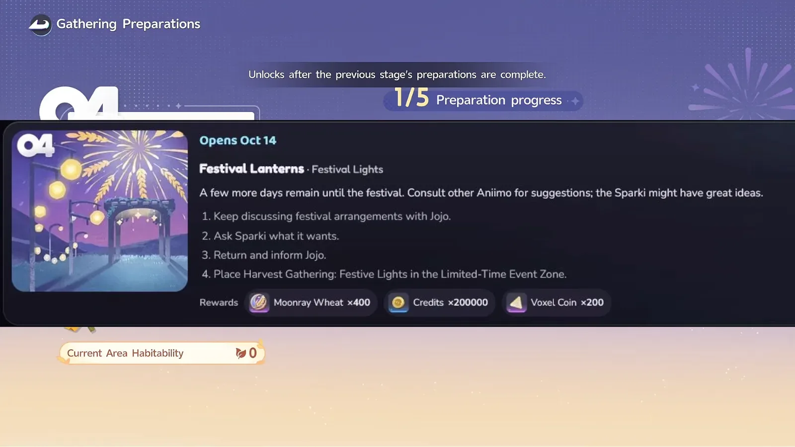 Aniimo Festival Lanterns step card, Opens Oct 14: ask Sparki what it wants, place Harvest Gathering Festive Lights, rewards Moonray Wheat x400, Credits x200000, Voxel Coin x200