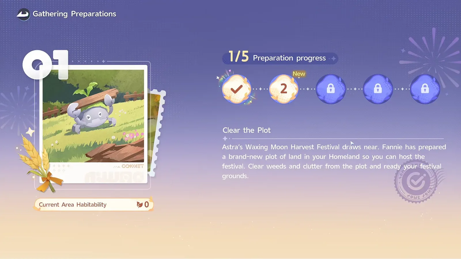 Aniimo Gathering Preparations screen, step 01 Clear the Plot, 1/5 Preparation progress, Current Area Habitability 0, and the rule text about Astra’s Waxing Moon Harvest Festival