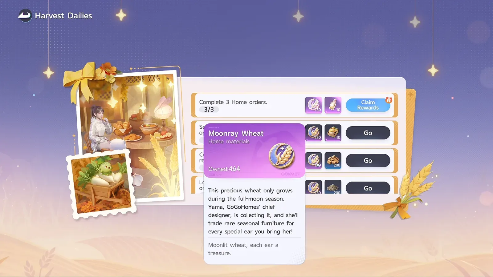Aniimo Harvest Dailies panel with the Moonray Wheat tooltip open, Owned 464, and Complete 3 Home orders at 3/3 paying 150 wheat and 10 Plant Growth Tonic