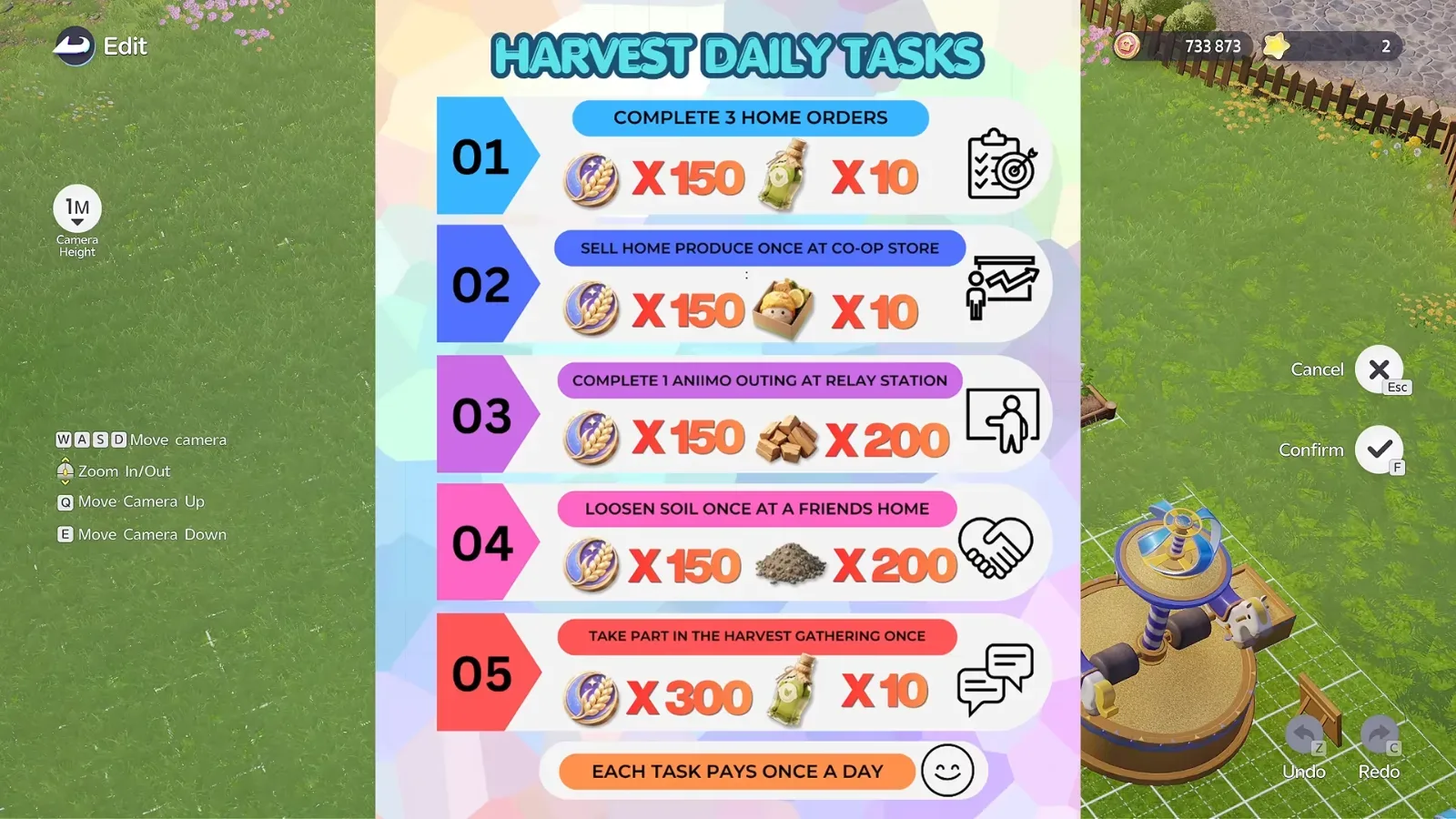 LayZeeAussie’s Aniimo Harvest Daily Tasks chart: four tasks at 150 Moonray Wheat each and a fifth, Take part in the Harvest Gathering once, at 300 Moonray Wheat and 10 tonic