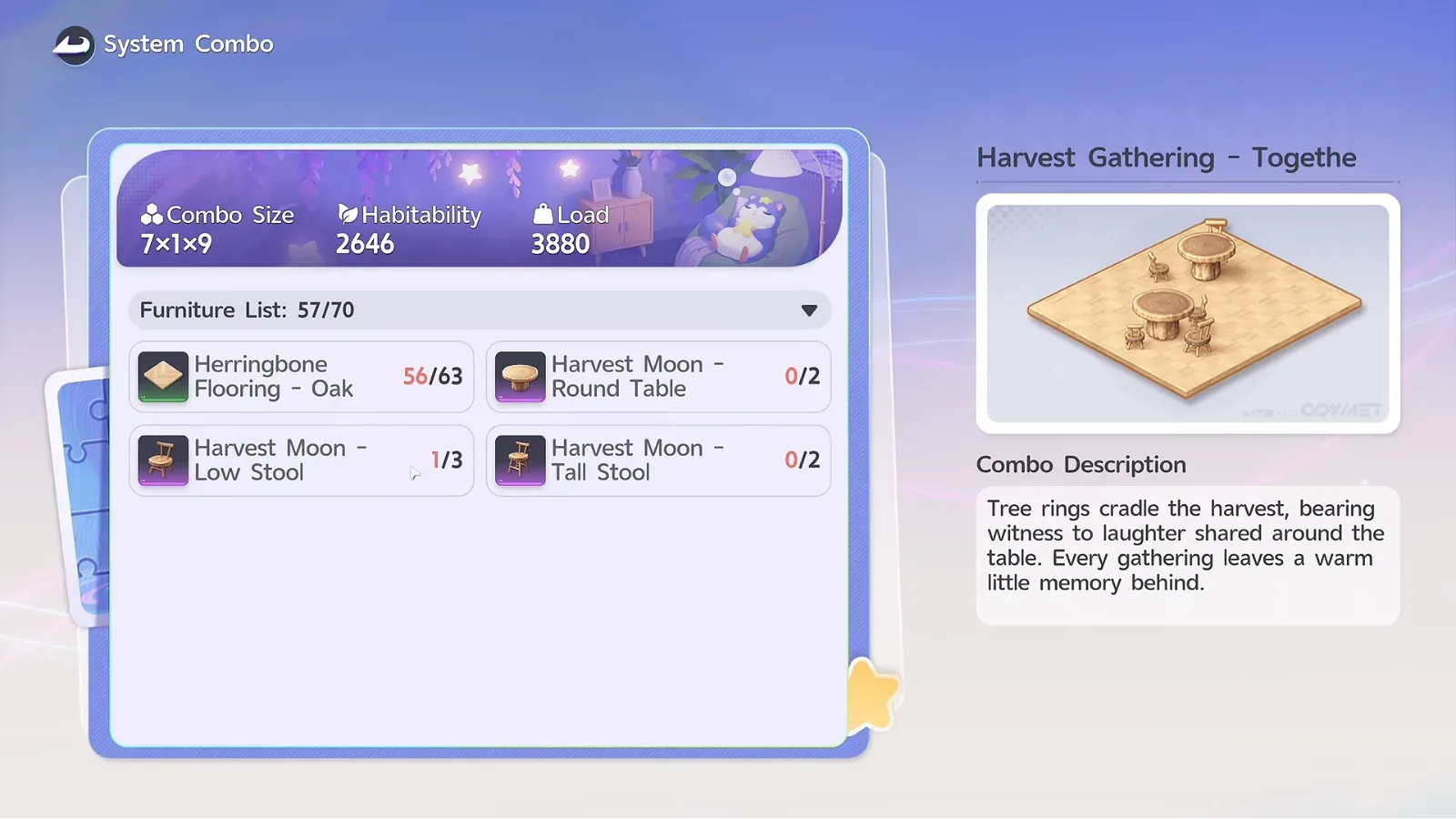 Aniimo System Combo card for Harvest Gathering Together: Combo Size 7x1x9, Habitability 2646, Load 3880, 63 Herringbone Flooring Oak, 2 Round Table, 3 Low Stool, 2 Tall Stool