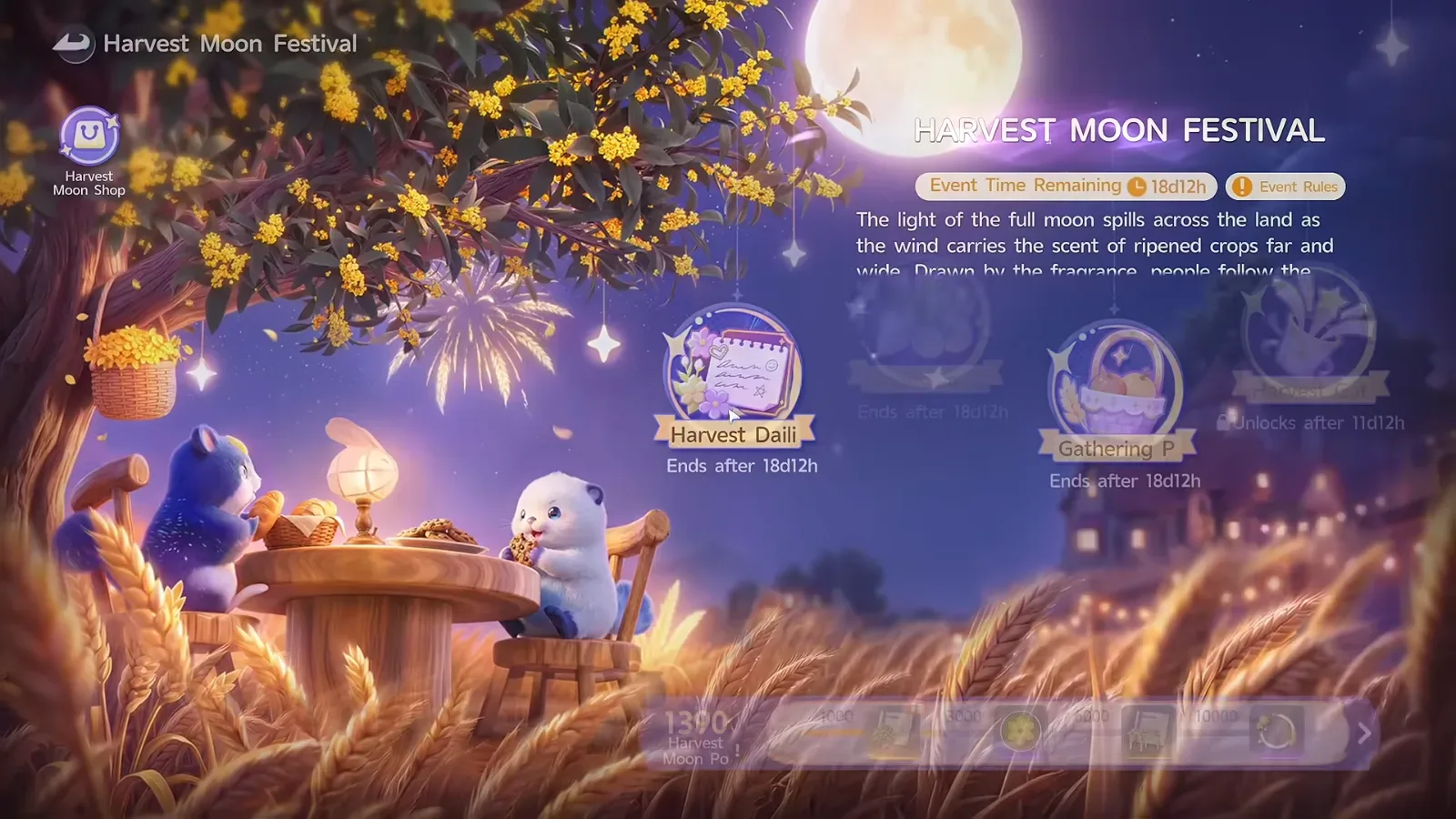 Aniimo Harvest Moon Festival event page: Event Time Remaining 18d12h, Harvest Dailies and Gathering Preparations ending after 18d12h, Harvest Gathering unlocking after 11d12h