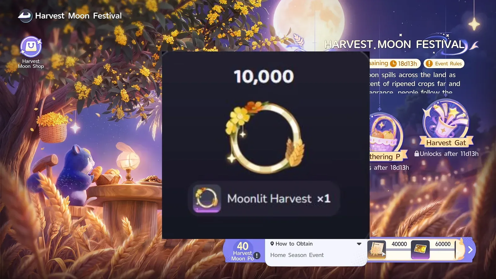 Aniimo Harvest Moon Festival points reward pop-up: 10,000 points for Moonlit Harvest x1, a gold frame with flowers and wheat, Event Time Remaining 18d13h