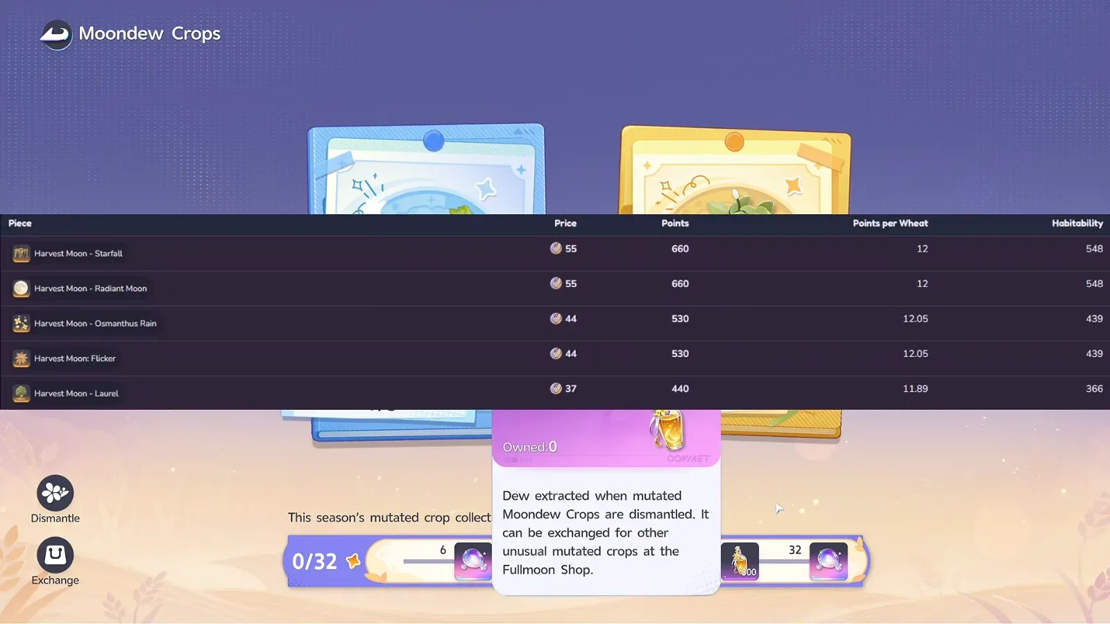 LayZeeAussie’s Aniimo table over the Moondew Crops screen: Harvest Moon Starfall and Radiant Moon 55 wheat for 660 points, Osmanthus Rain and Flicker 44 for 530, Laurel 37 for 440