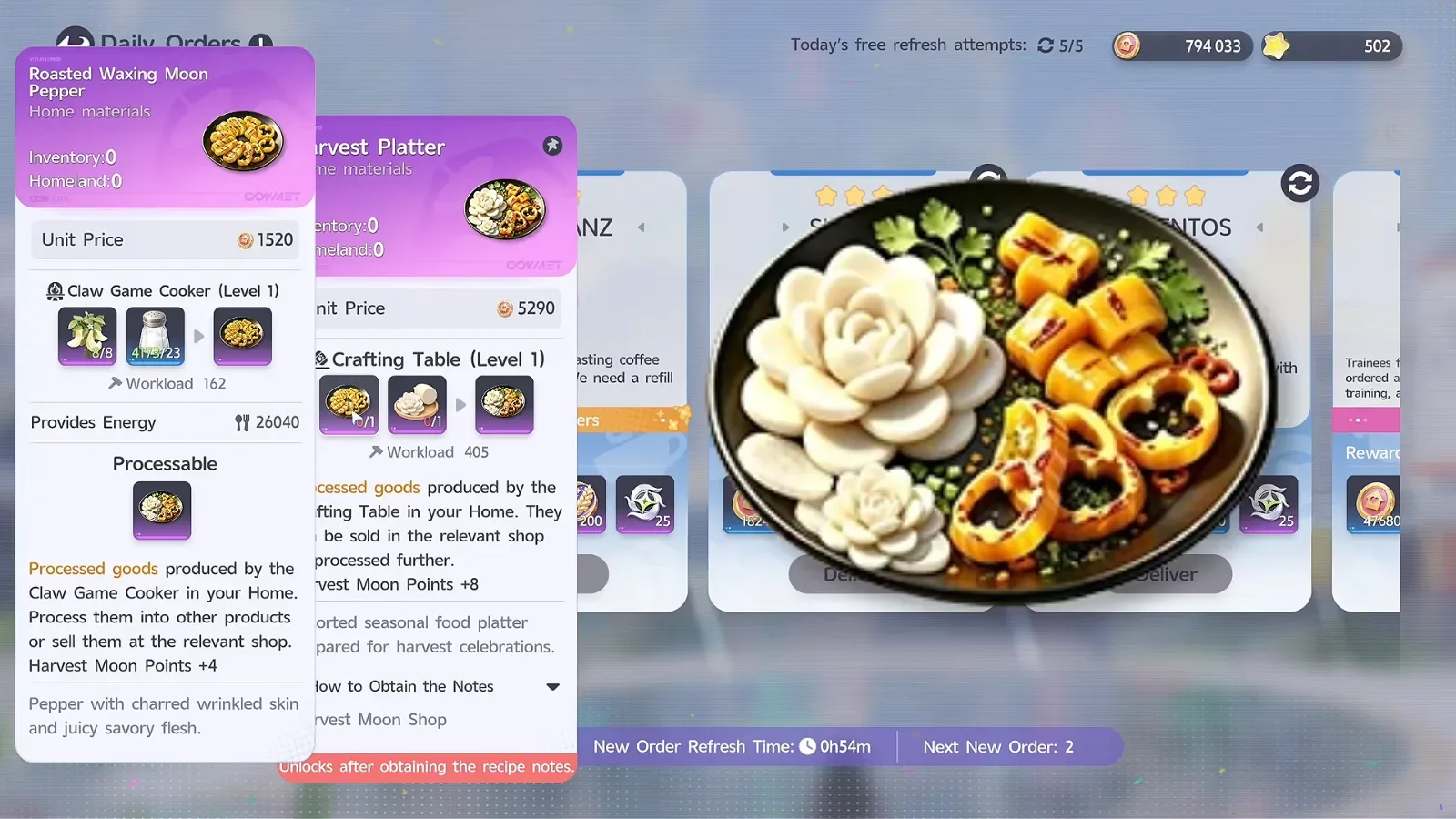 Aniimo Harvest Platter recipe panel: Crafting Table Level 1, 1 Roasted Waxing Moon Pepper and 1 Moondew Radish Slices, beside the Roasted Waxing Moon Pepper panel at 8 pepper and 23 Sea Salt