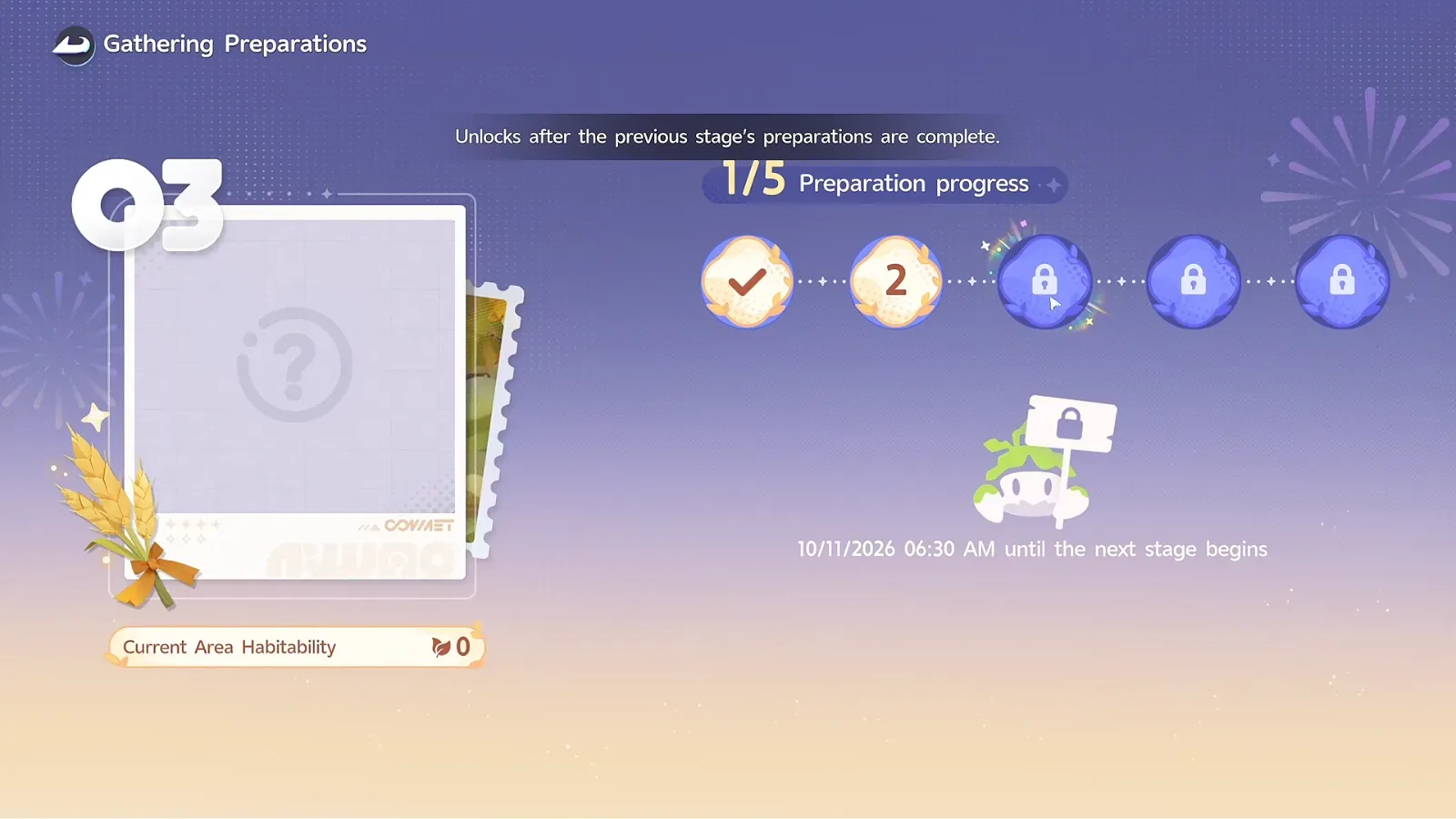 Aniimo Gathering Preparations step 03 locked: Unlocks after the previous stage’s preparations are complete, 10/11/2026 06:30 AM until the next stage begins