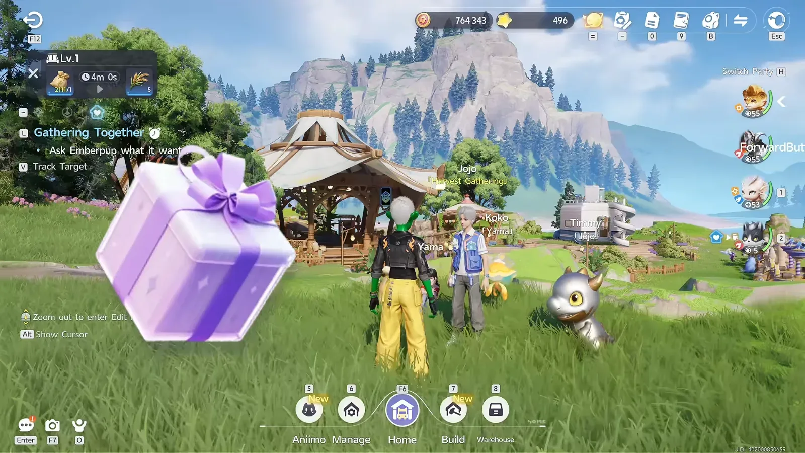Jojo, labelled Harvest Gathering, standing in the Aniimo Limited-Time Event Zone beside Koko and Yama, with the Gathering Together quest asking you to ask Emberpup what it wants