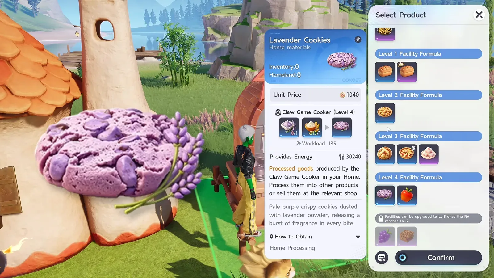 Aniimo Lavender Cookies recipe panel: Claw Game Cooker Level 4, 1 Lavender Powder and 1 Wheatmeal, Workload 135, Unit Price 1040