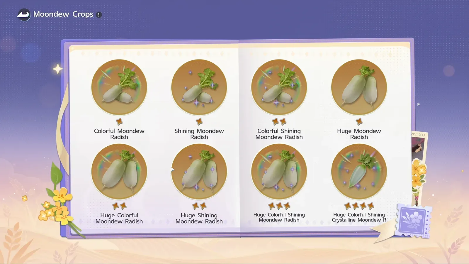 Aniimo Moondew Crops index page for Moondew Radish: Colorful, Shining, Huge and Huge Colorful Shining Crystalline Moondew Radish among eight mutated forms with star ratings