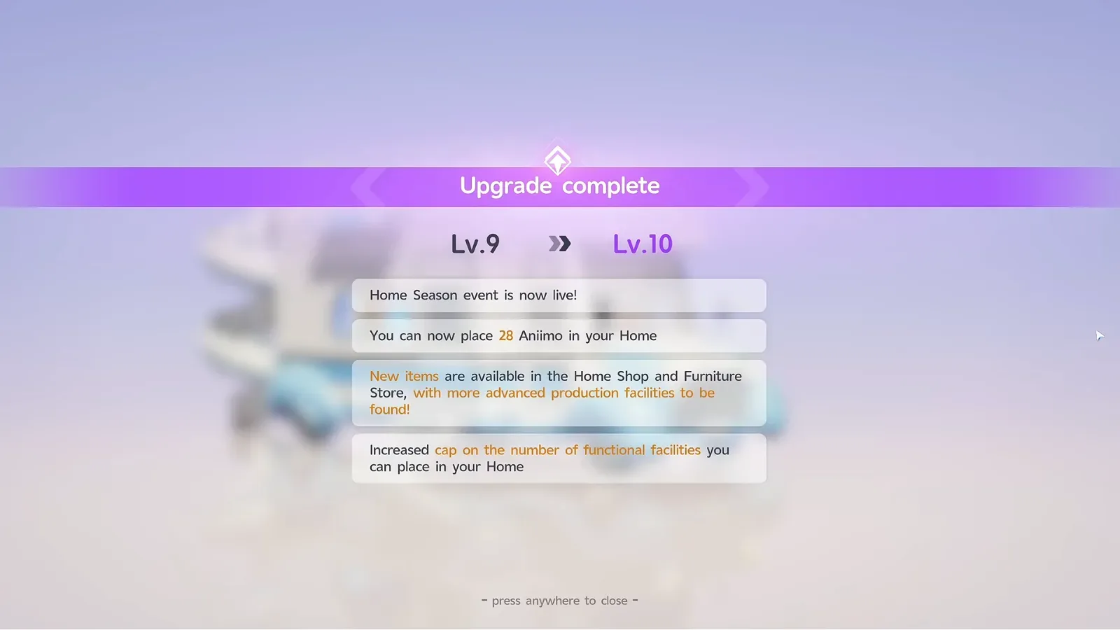 Aniimo RV upgrade complete screen, Lv.9 to Lv.10, reading Home Season event is now live and You can now place 28 Aniimo in your Home
