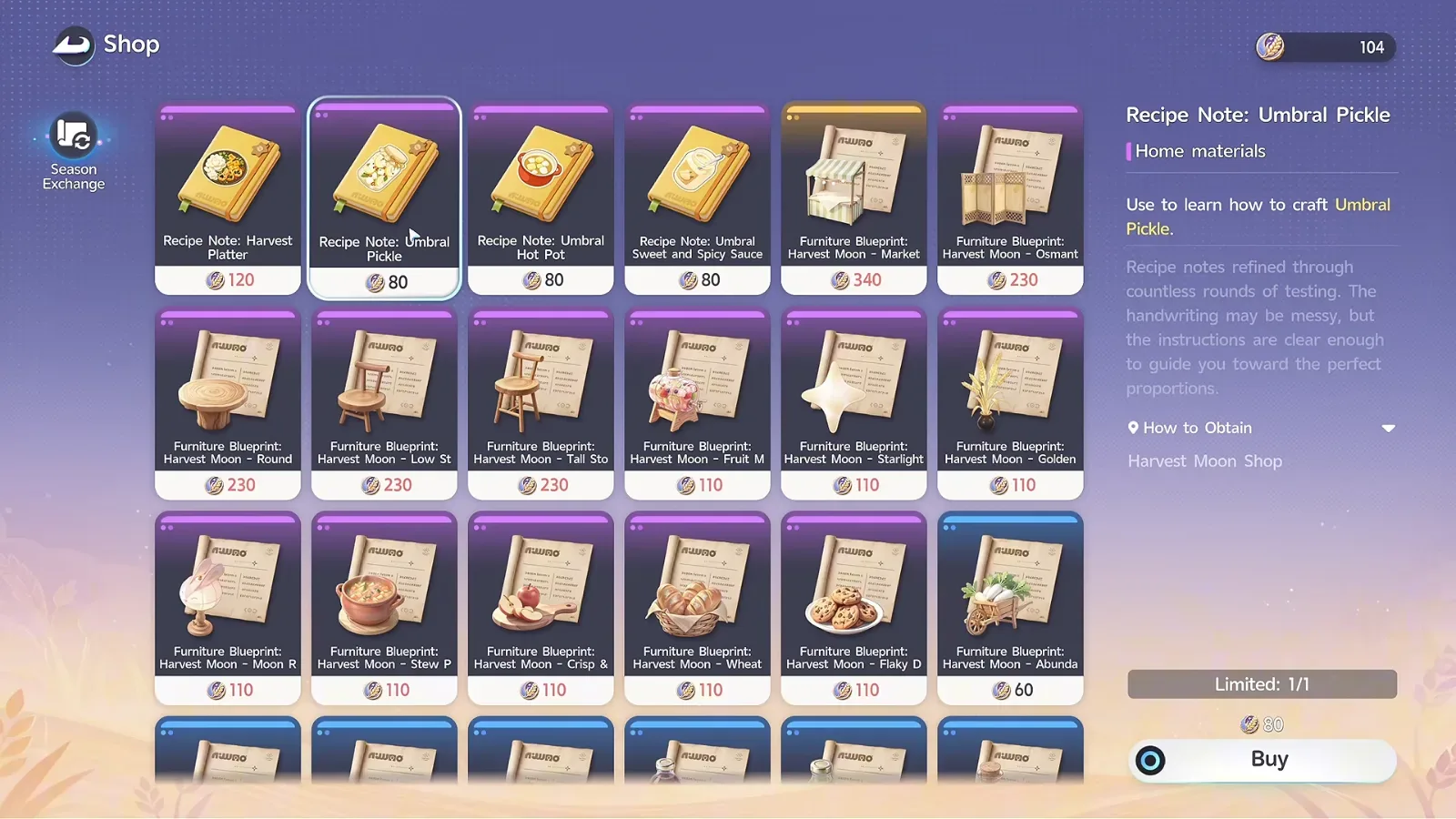 Aniimo Season Exchange shop: Recipe Notes for Harvest Platter 120, Umbral Pickle 80, Umbral Hot Pot 80 and Harvest Moon furniture blueprints from 60 to 340 Moonray Wheat