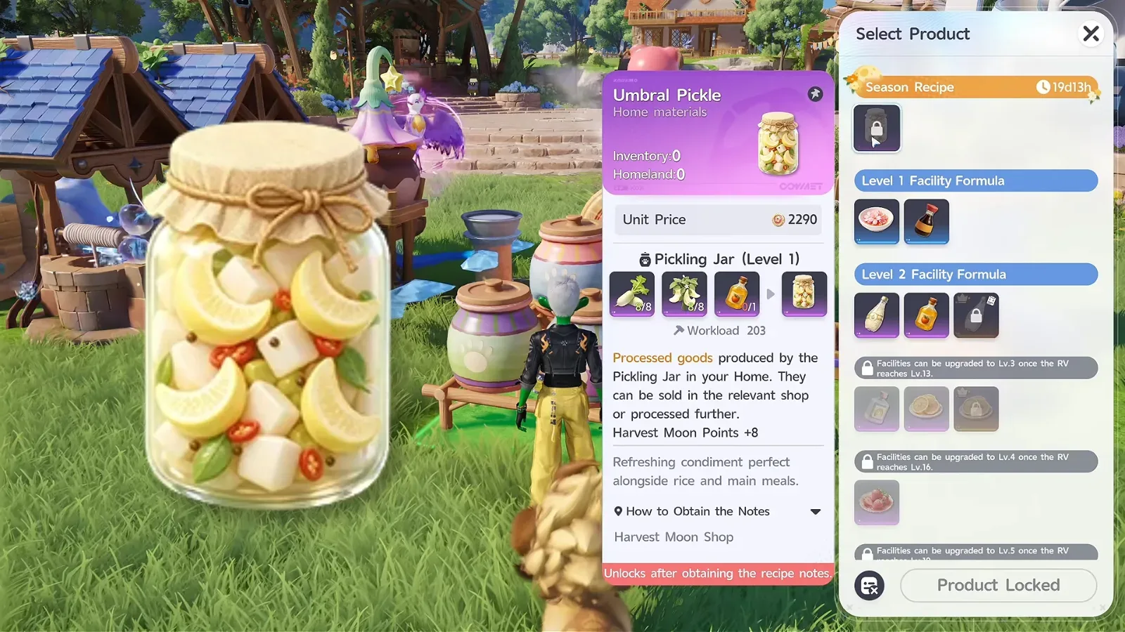 Aniimo Umbral Pickle recipe panel: Pickling Jar Level 1, 8 Moondew Radish, 8 Waxing Moon Pepper and 1 Cider Vinegar, Harvest Moon Points +8, notes from the Harvest Moon Shop