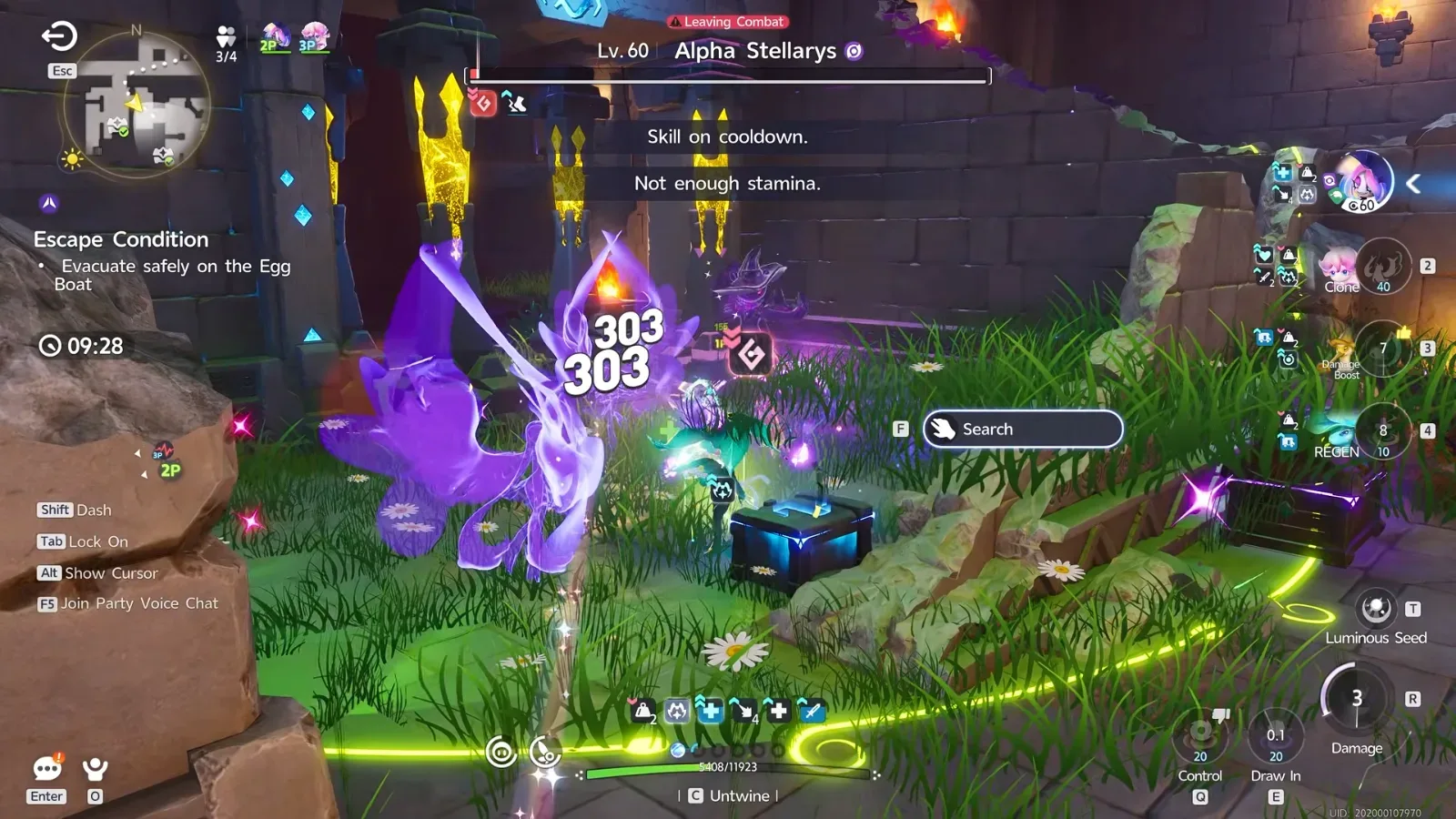 Aniimo Egg Heist sanctum fight against a Lv.60 Alpha Stellarys, Hexxin hitting for 303 with the escape timer at 09:28