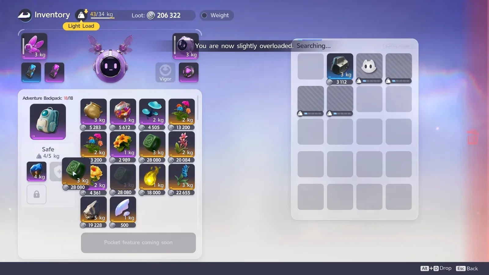 Aniimo Egg Heist inventory mid-run, 43 of 34 kg and slightly overloaded, Adventure Backpack 18 of 18, loot valued at 206,322