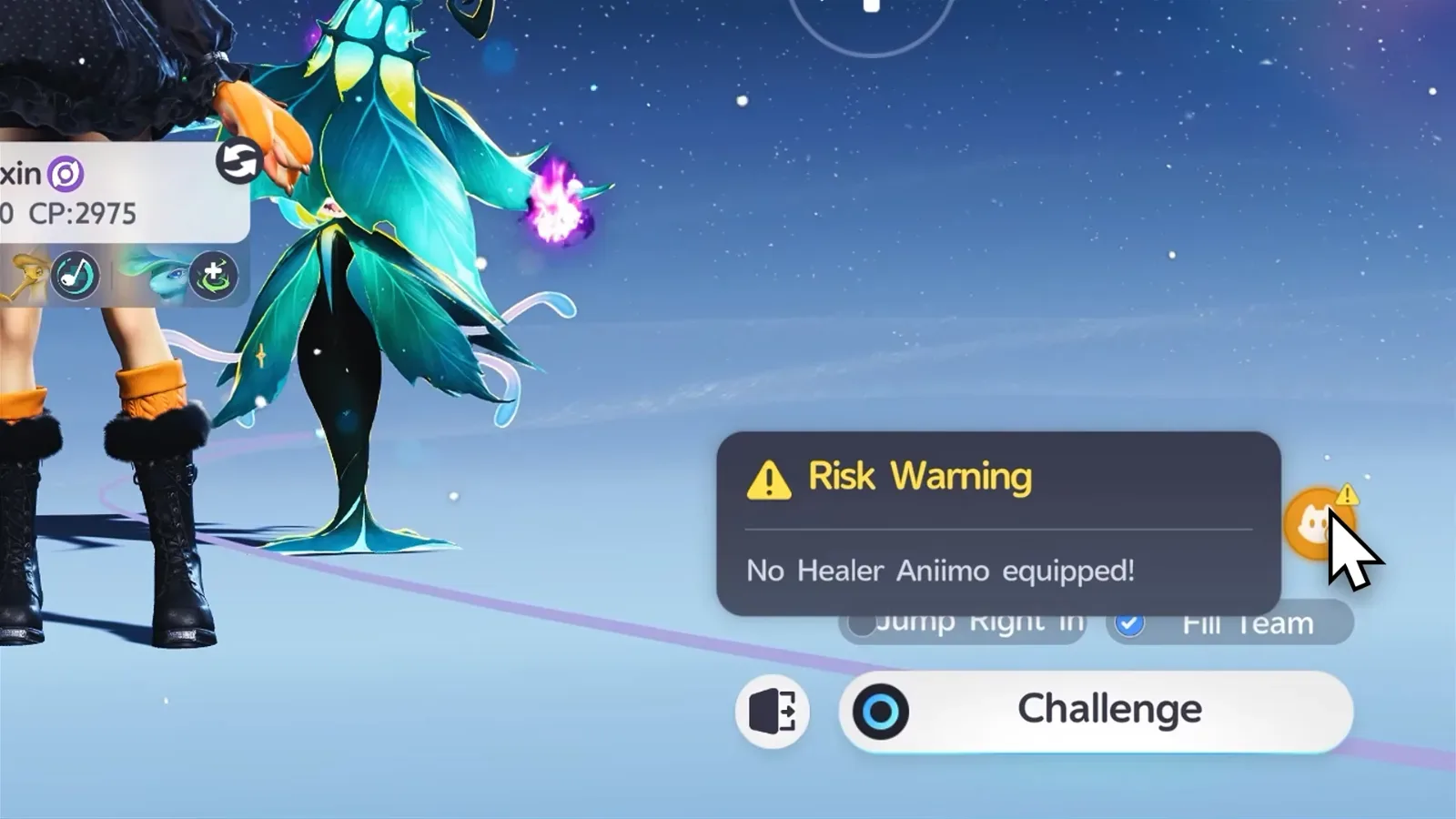 Aniimo Egg Heist Risk Warning before the Challenge button: No Healer Aniimo equipped, shown for a Hexxin squad with Tromber