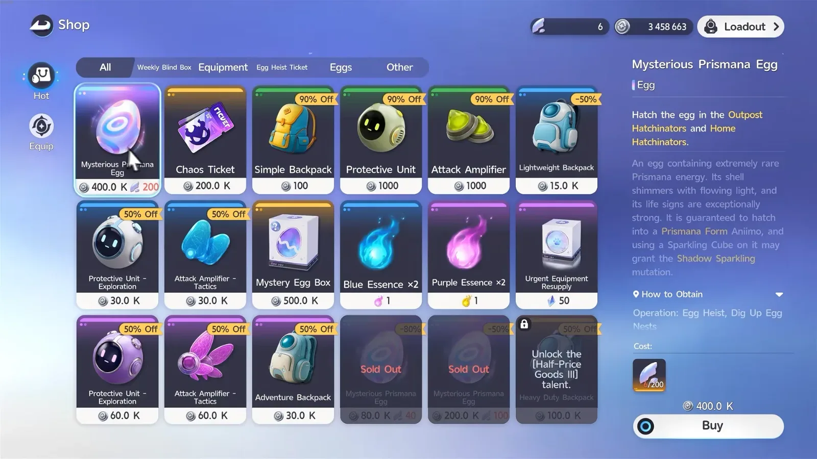 Aniimo Egg Heist shop with a Chaos Ticket at 200.0K, Attack Amplifier at 1000, Protective Unit at 1000 and a Mysterious Prismana Egg at 400.0K