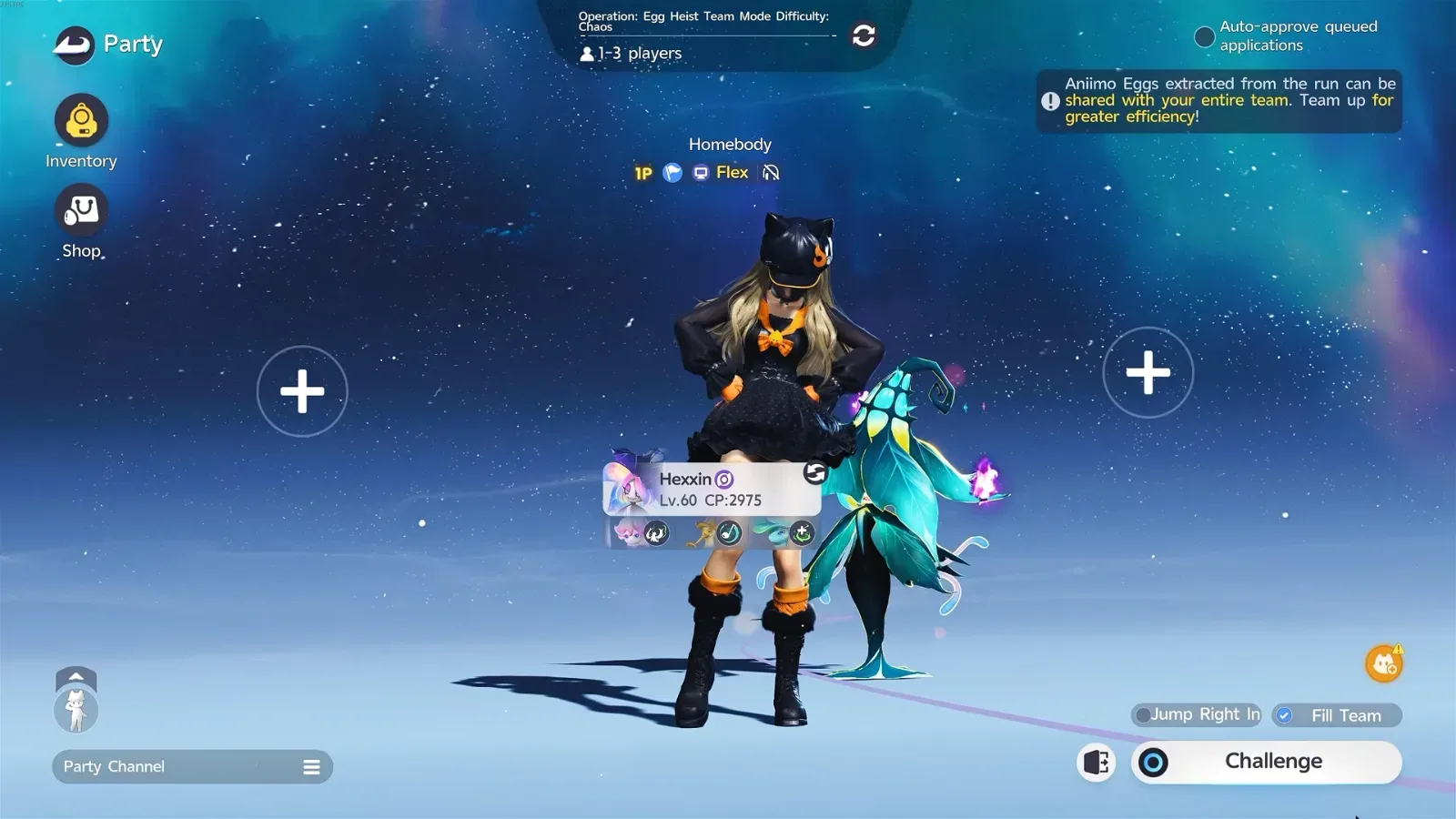 Aniimo Egg Heist party screen reading Team Mode Difficulty Chaos, 1 to 3 players, with the Pathfinder beside a Lv.60 Hexxin before a solo run